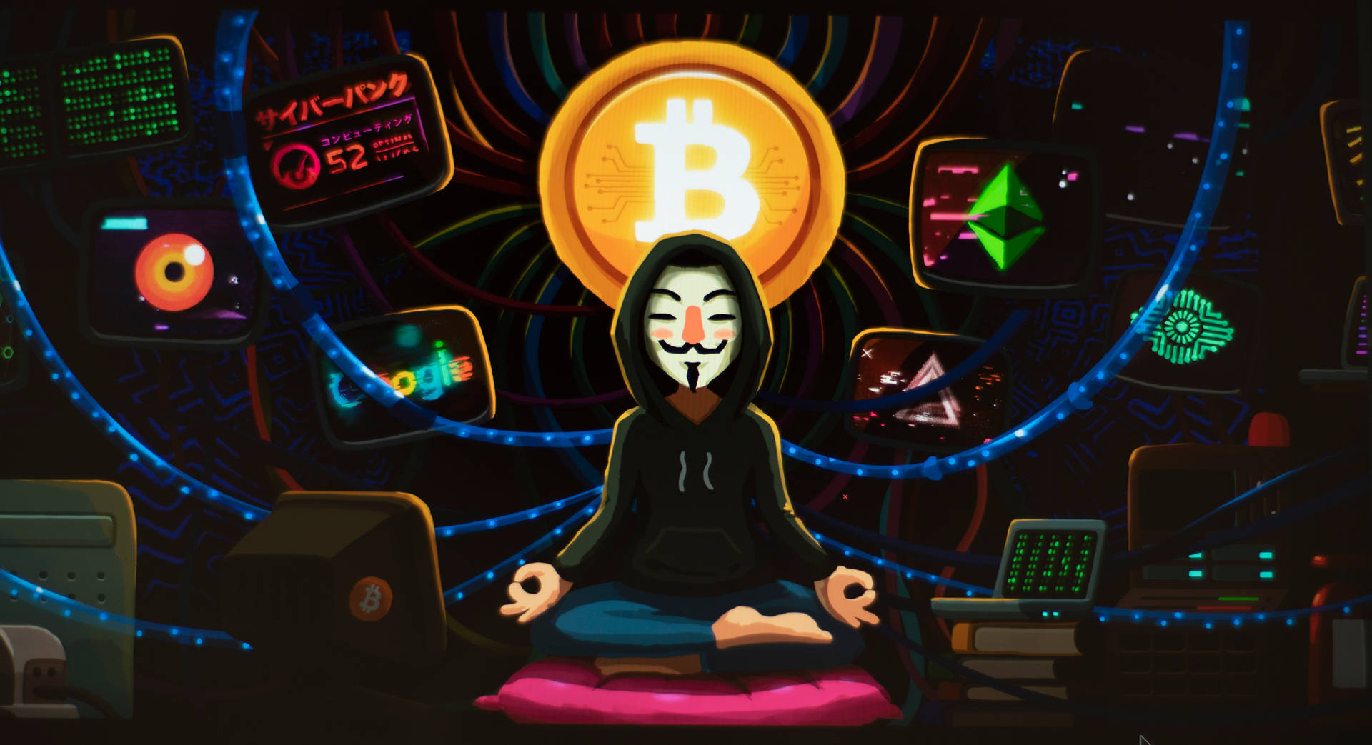 一個戴著面具的人被加密貨幣符號和發光屏幕包圍著冥想。 — 比特幣 壁紙
