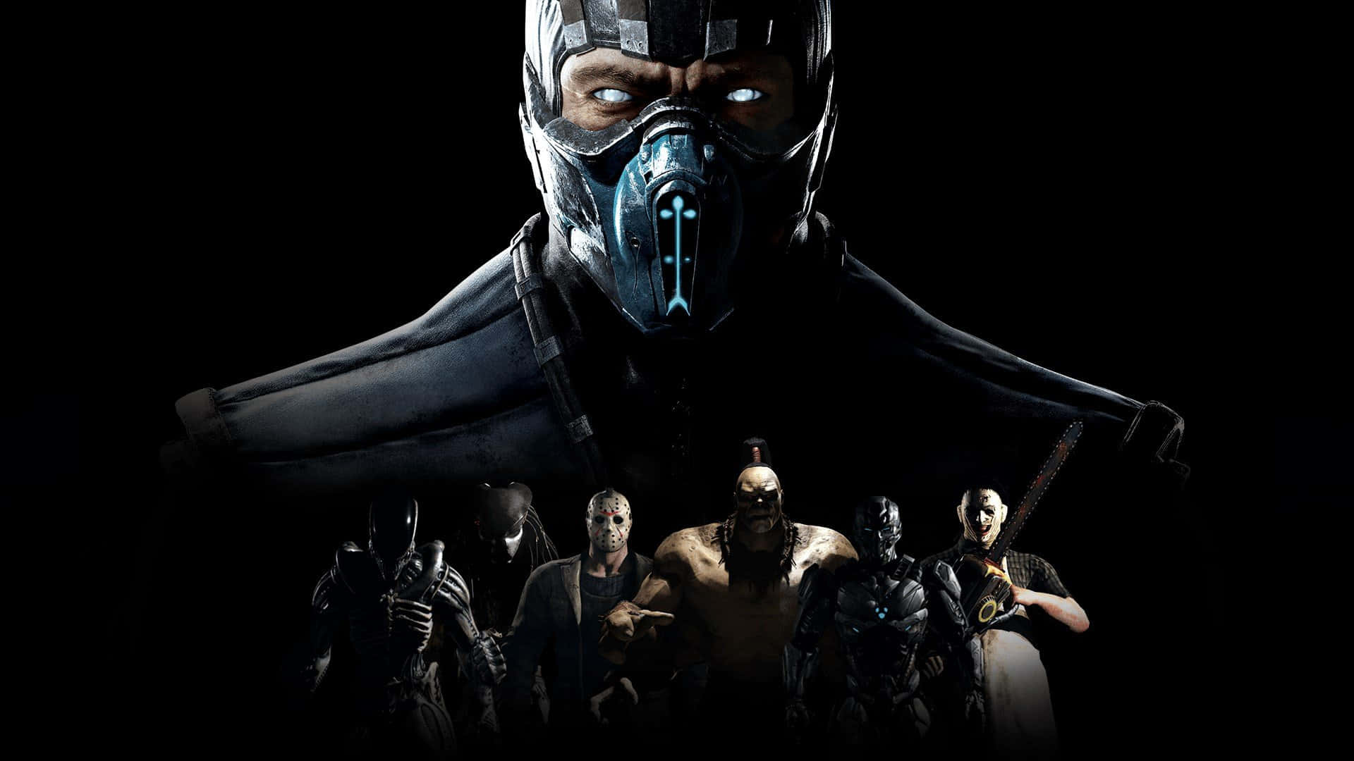 Mortal Kombat Triborg 桌布 壁紙 — 一個戴著面具的兇猛戰士在黑色背景前，居高臨下地俯視一群身穿深色服裝的戰士。