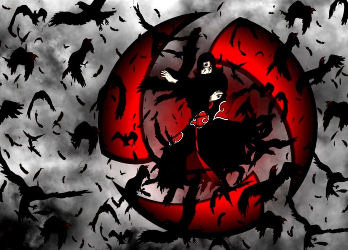 Itachi 桌布 壁紙 — 一個戴著面具的動漫人物站在發光的紅色螺旋中，被黑色烏鴉包圍，背景是暴風雨的灰色天空。