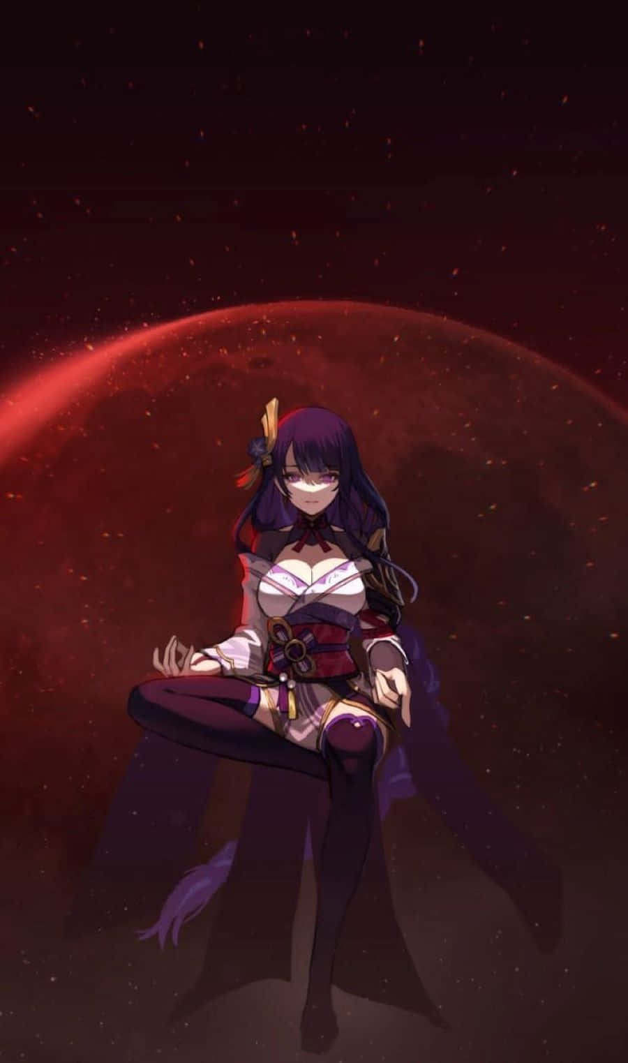 Baal Genshin Impact 桌布 壁紙 — 一個戴著面具的動漫女孩，身穿紫色服裝，優雅地坐在發光的紅色行星前，構成宇宙場景。