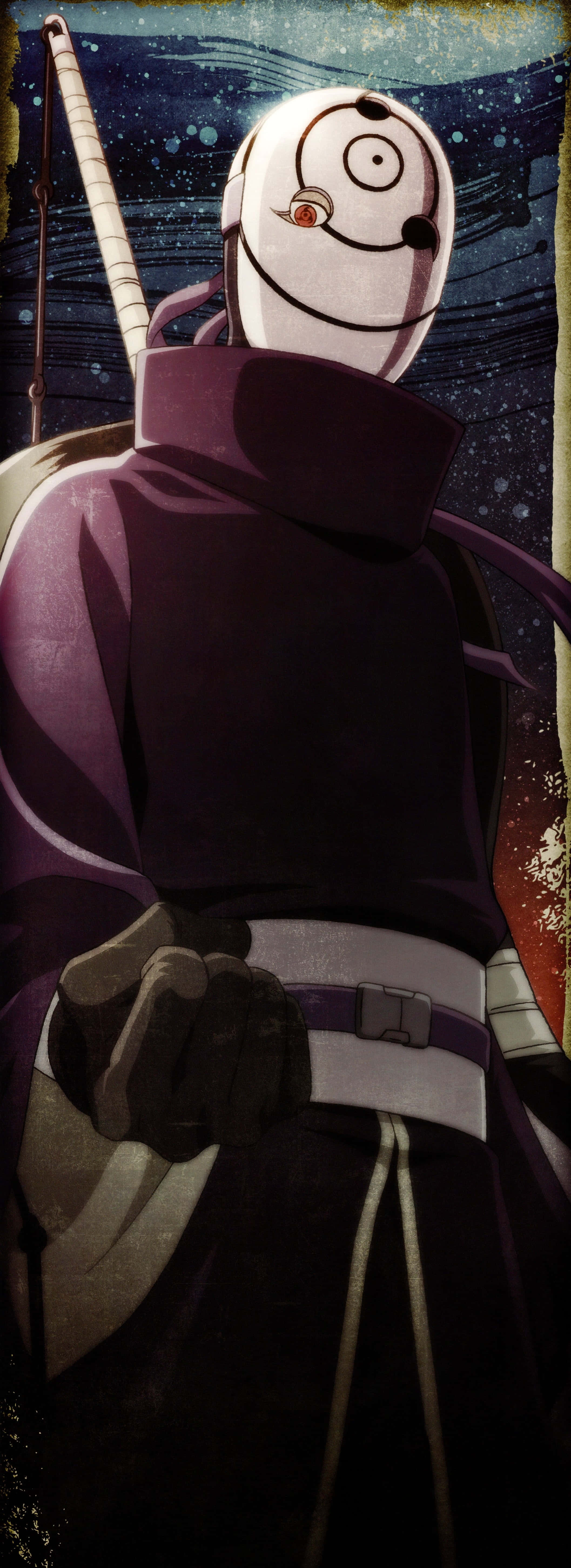 Akatsuki Tobi 桌布 壁紙 — 一個戴著面具的動漫忍者，身穿紫色長袍，在繁星點點的夜空下手持劍，眼睛發光。