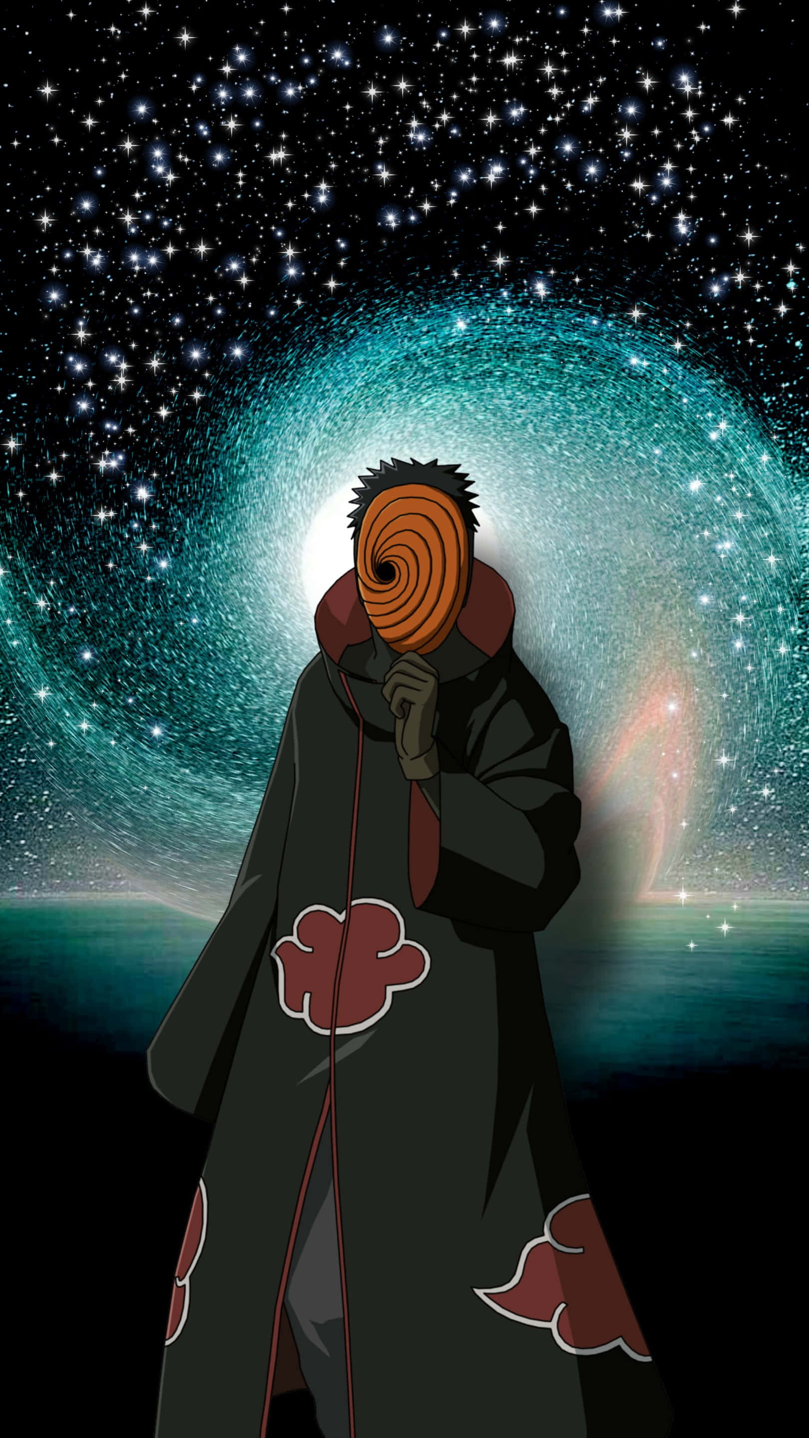 Akatsuki Tobi 桌布 壁紙 — 一個戴著面具的動漫角色，身穿帶有紅色雲朵圖案的黑色斗篷，站在星空夜空下旋轉的宇宙漩渦前。