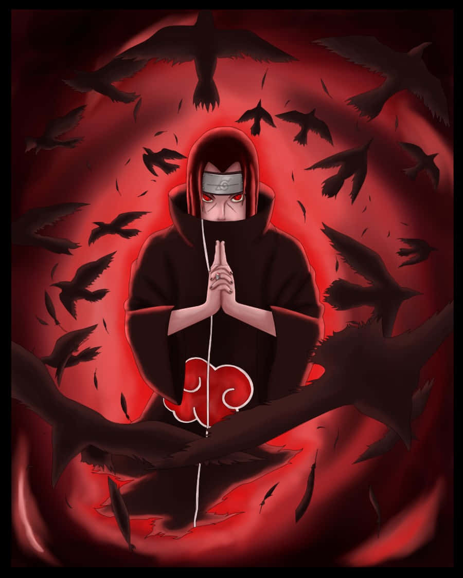 Genjutsu 桌布 壁紙 — 一個戴著面具的動漫角色，身穿帶有紅色雲朵的黑色斗篷，站在旋轉的紅色背景前，被黑色鳥類包圍。