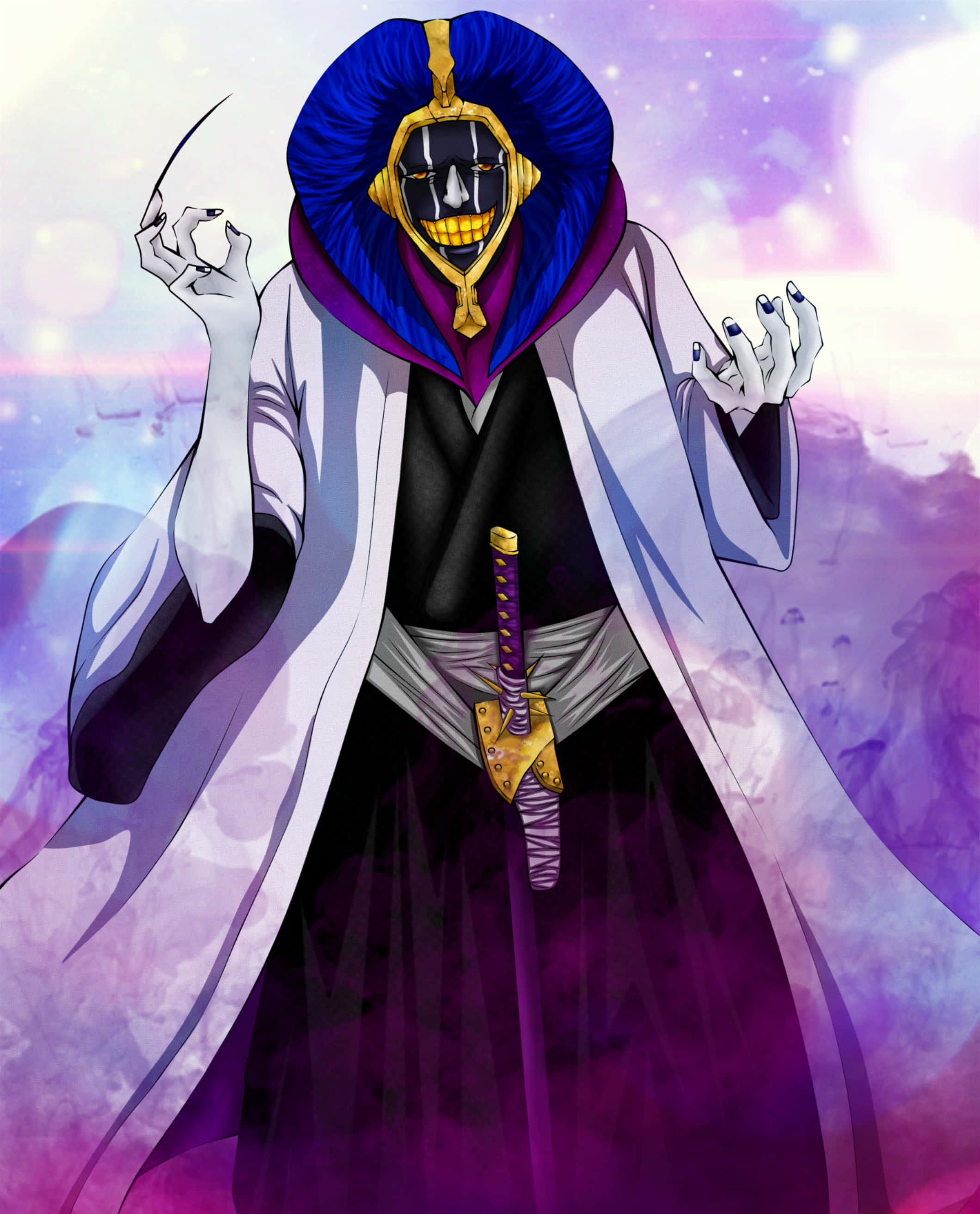 Mayuri Kurotsuchi 桌布 壁紙 — 一個戴著面具的動漫角色，身穿飄逸的白色和紫色長袍，在發光的宇宙背景下持劍。