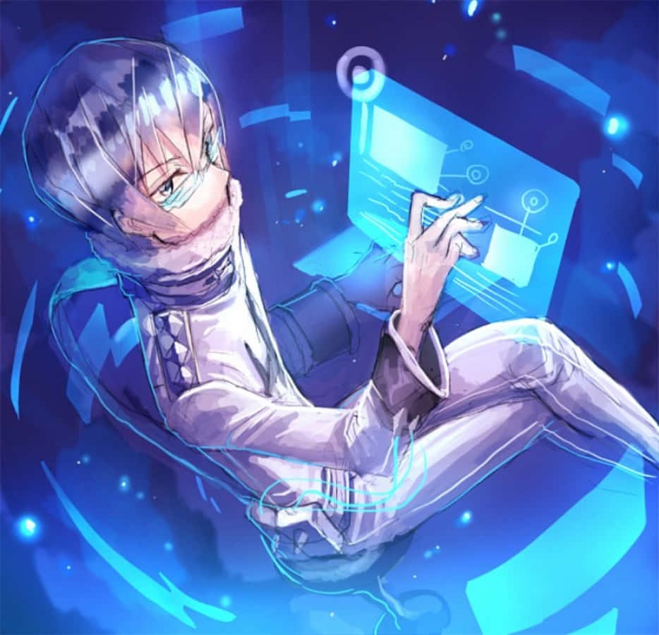 Houka Inumuta 桌布 壁紙 — 一個戴著面具的動漫角色在未來感的藍色光芒中與浮動的全息界面互動。