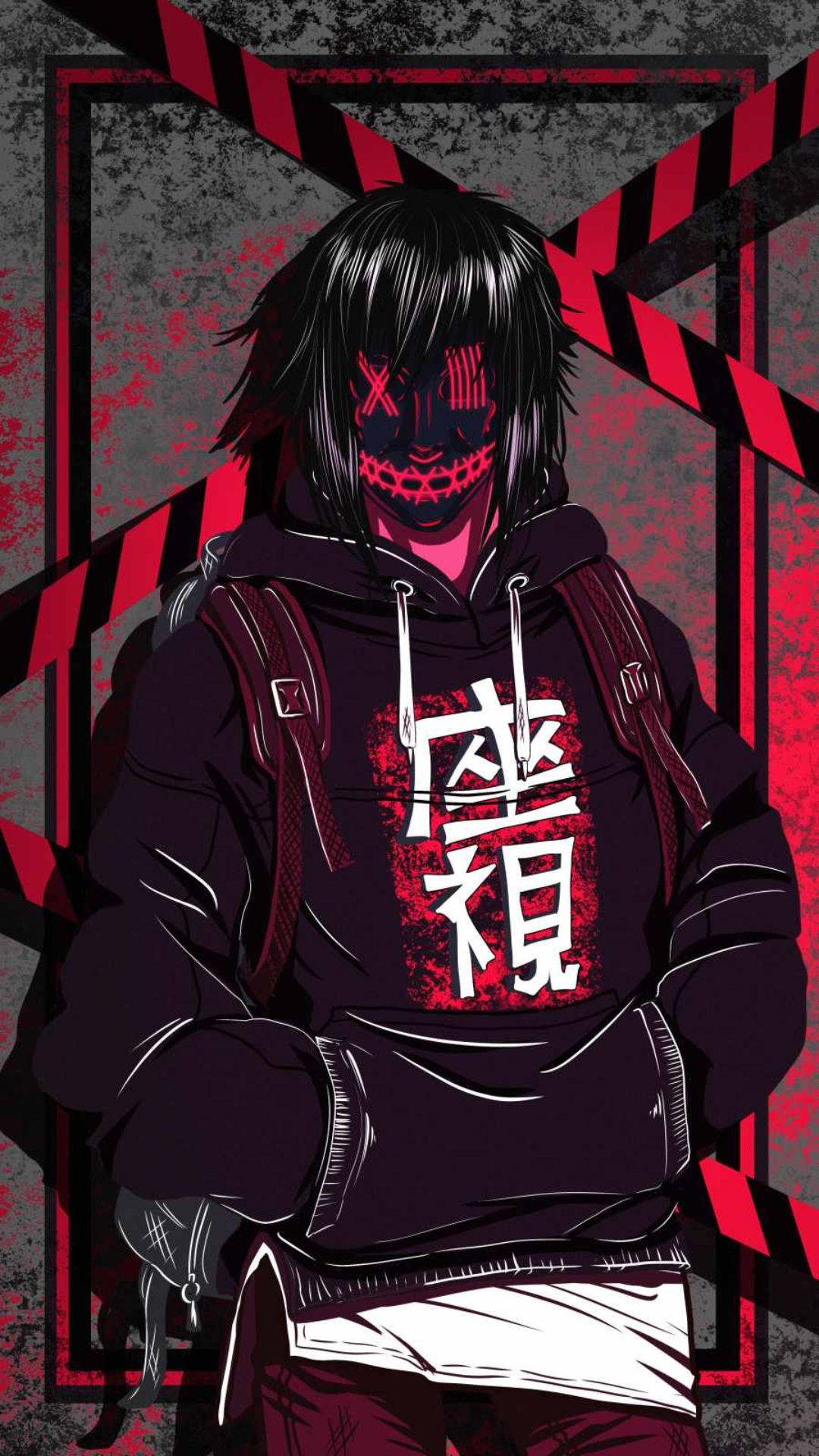 Dark Anime Aesthetic 桌布 壁紙 — 一個戴著面具的動漫角色穿著深色連帽衫，站在帶有塗鴉紋理的紅黑條紋背景前。