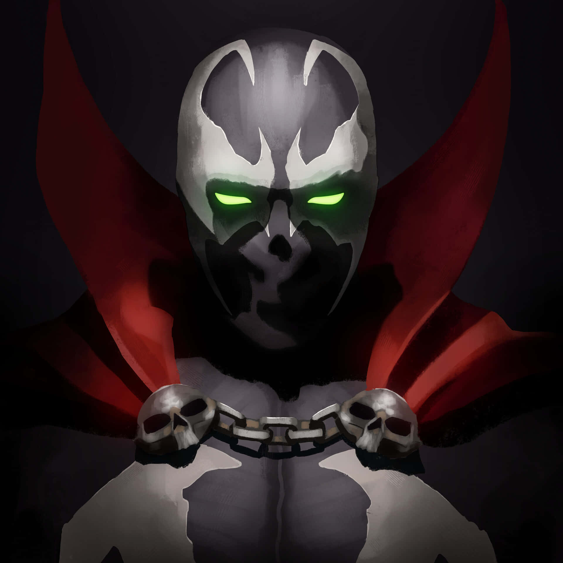Mortal Kombat 11 Spawn 桌布 壁紙 — 一個戴著面具的威脅人物，擁有發光的綠色眼睛和紅色斗篷，在黑暗背景下用鎖鏈握著頭骨。