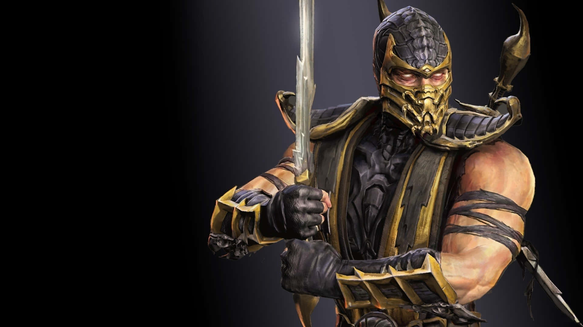Mortal Kombat Characters 桌布 壁紙 — 一個戴著面具的威脅戰士，身穿黑色和金色盔甲，在黑暗背景下握著一把發光的劍。
