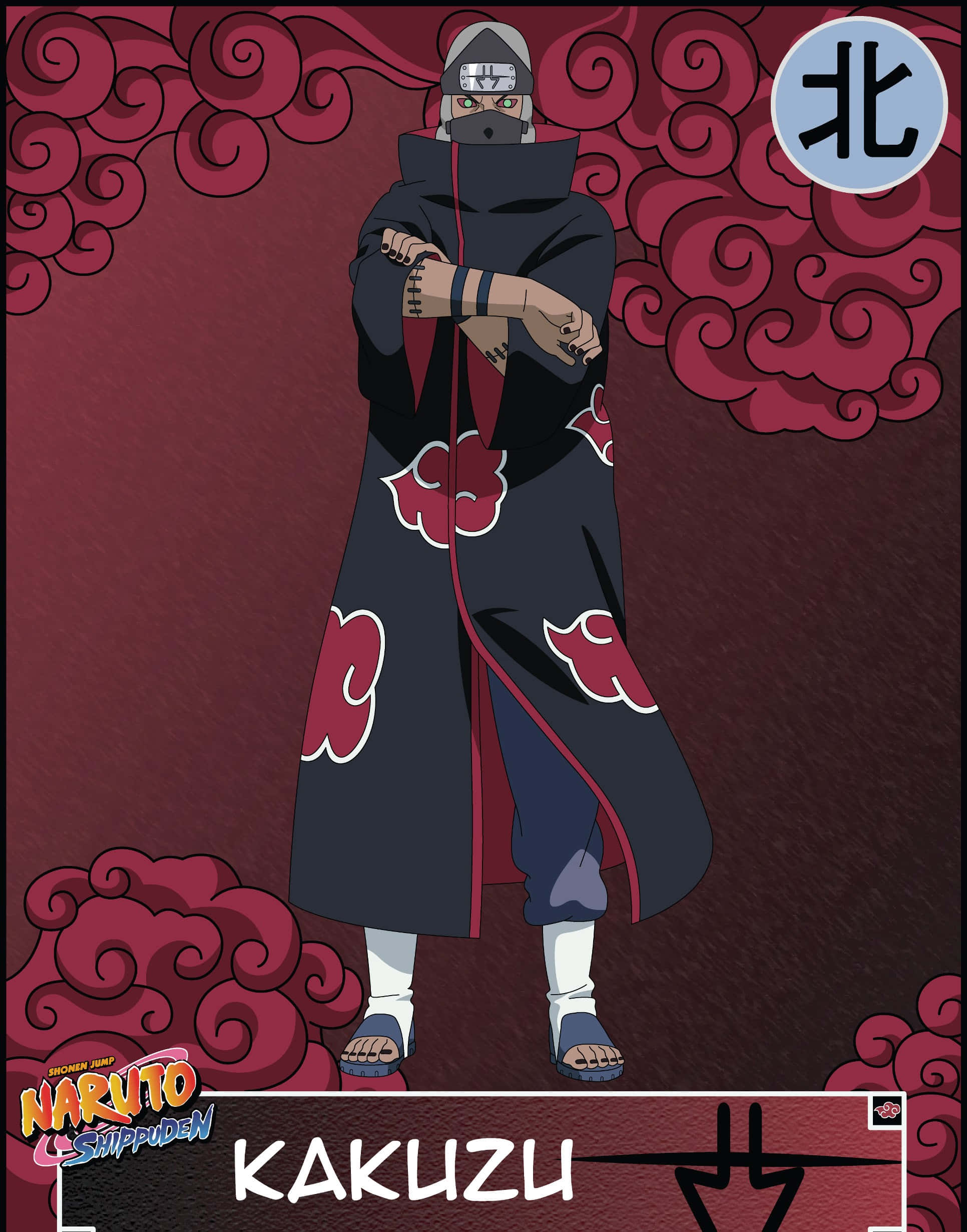 Akatsuki Kakuzu 桌布 壁紙 — 一個戴著面具的忍者，身穿帶有紅色雲紋的黑色斗篷，站在深紅色旋轉雲霧背景前。