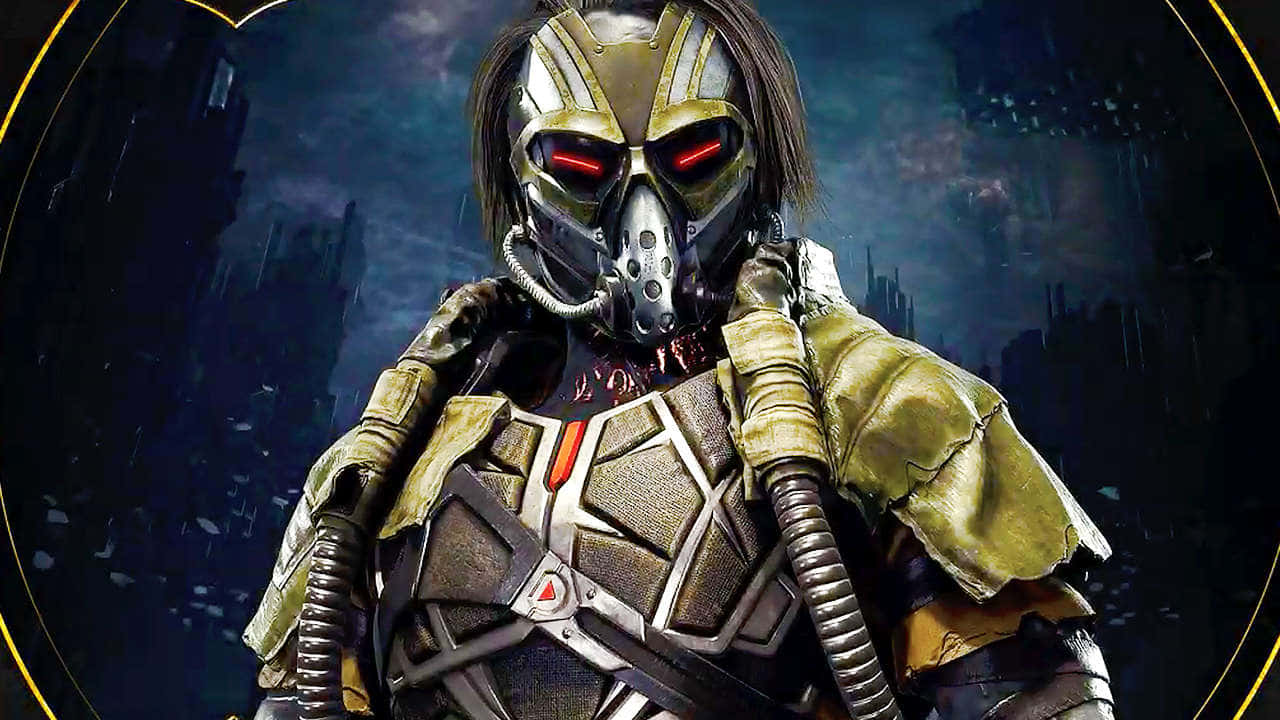 Mortal Kombat Kabal 桌布 壁紙 — 一個戴著面具的戰士，身穿金色和黑色盔甲，眼睛發出紅光，站在黑暗的未來城市景觀前。