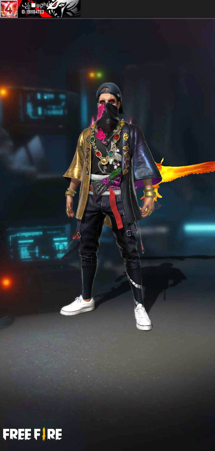dj alok free fire 桌布 壁紙 — 一個戴著面具的角色在賽博龐克場景中揮舞著火焰劍，穿著華麗的金色和黑色裝備。