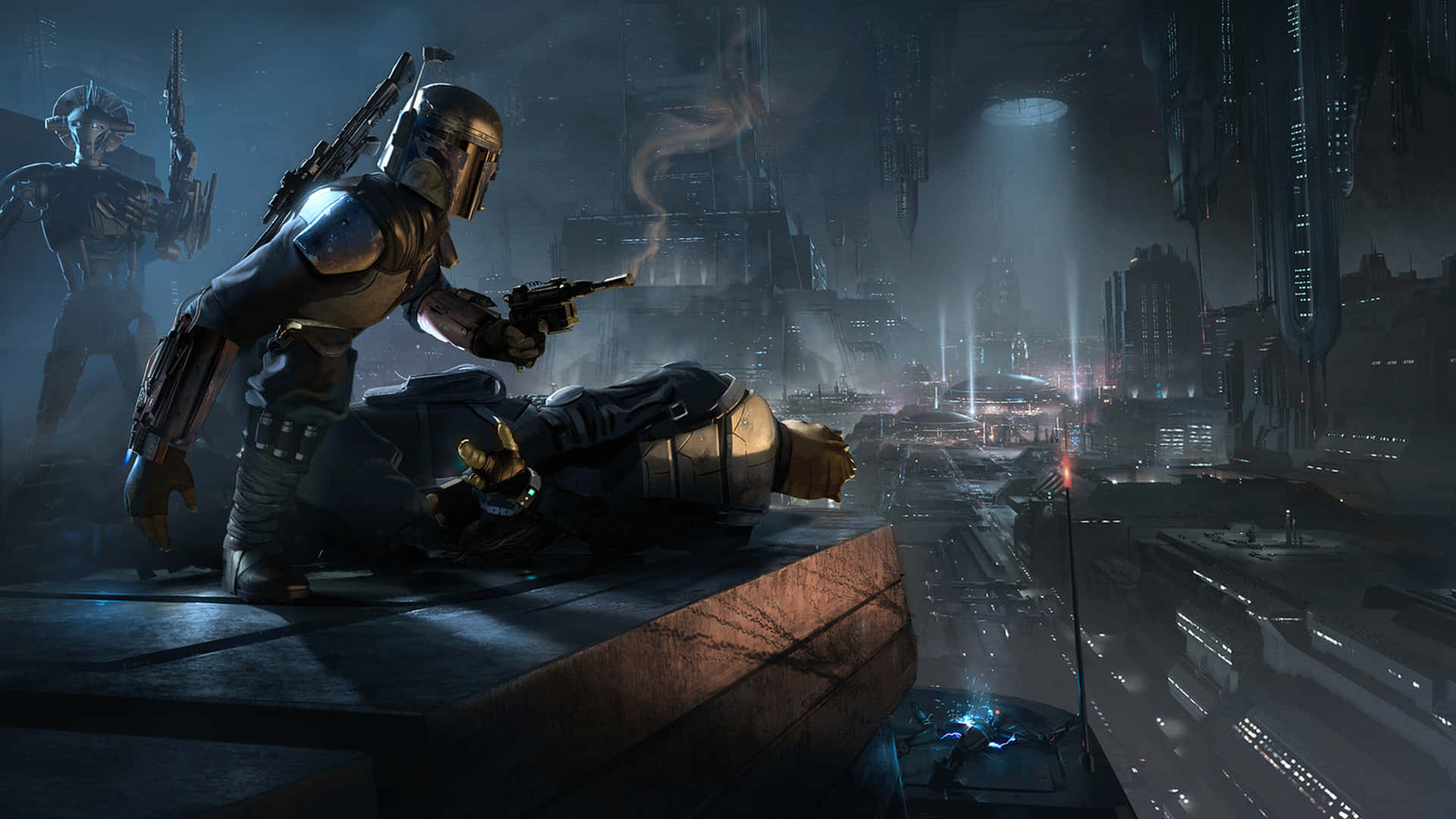 The War Of The Bounty Hunters 桌布 壁紙 — 一個戴著面具的賞金獵人站在一個倒下的對手身上，身處一個俯瞰霓虹燈閃爍的未來城市夜景的屋頂上。