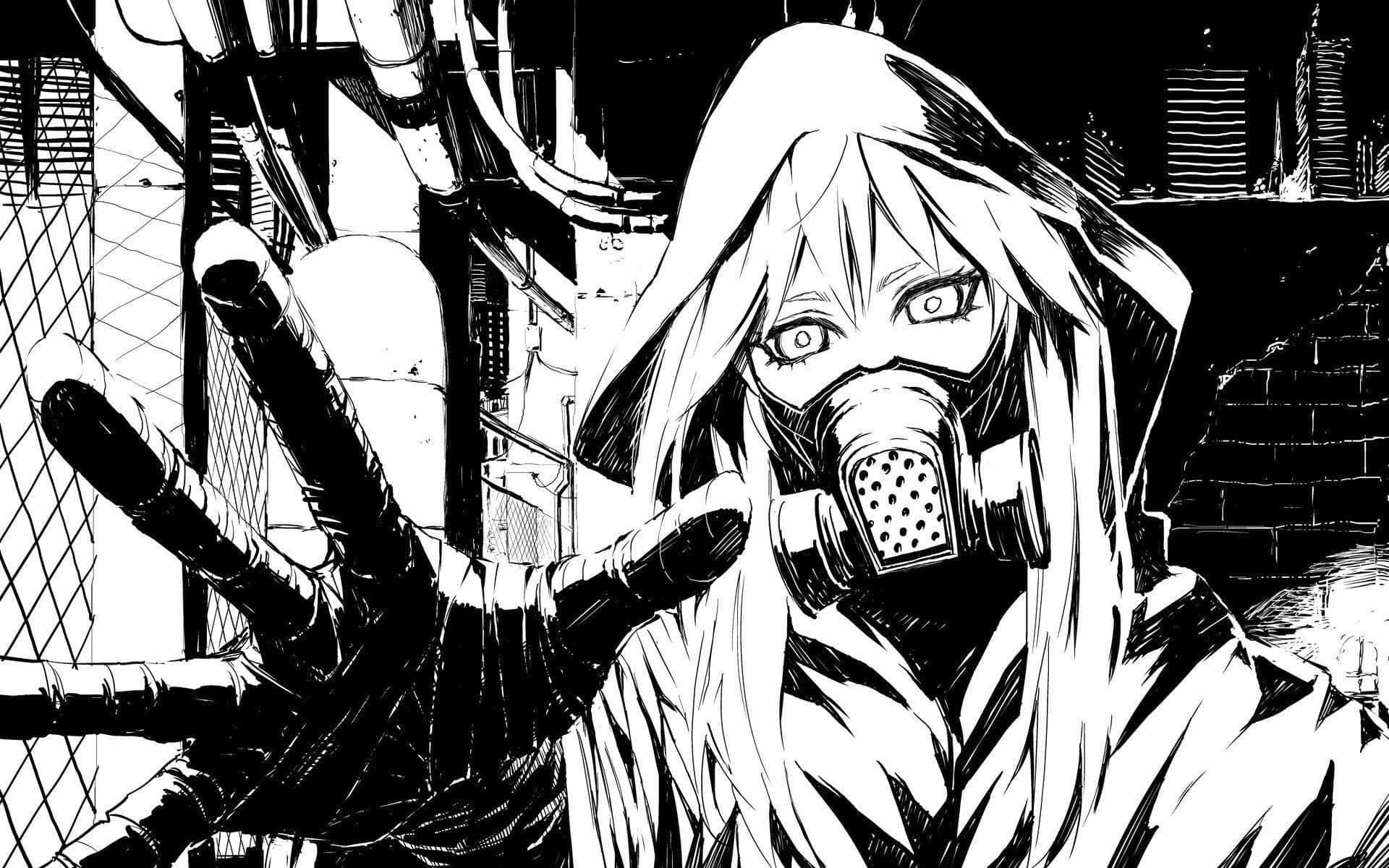Black And White Drawing 桌布 壁紙 — 一個戴著面具的長髮動漫女孩，在黑白分明的城市小巷中，戴著手套的手向前伸出。
