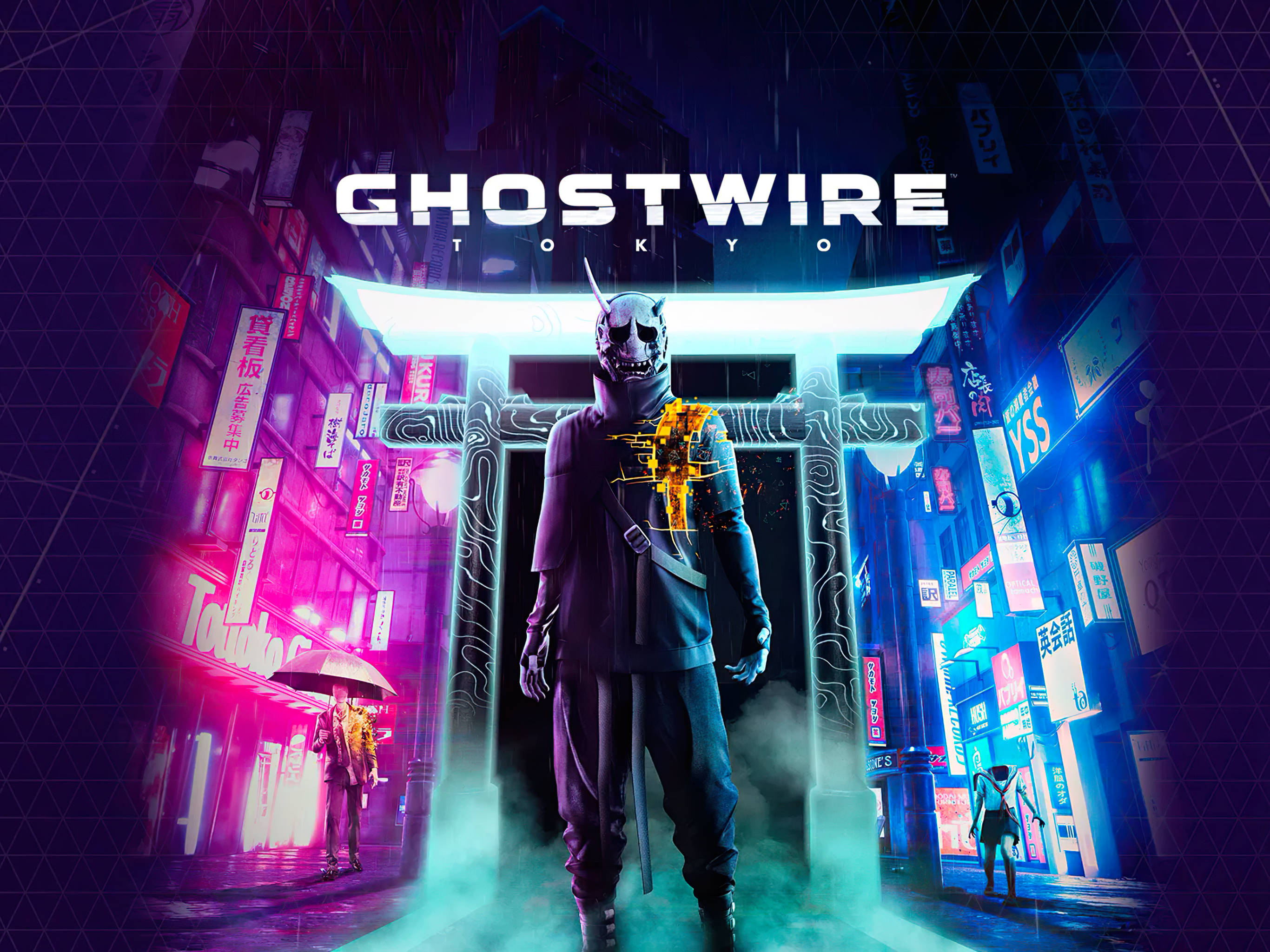 《Ghostwire Tokyo》 Hannya 壁紙 — 一個戴著面具的鬼魂戰士在夜晚霓虹燈閃爍的東京小巷中，站在發光的鳥居前。