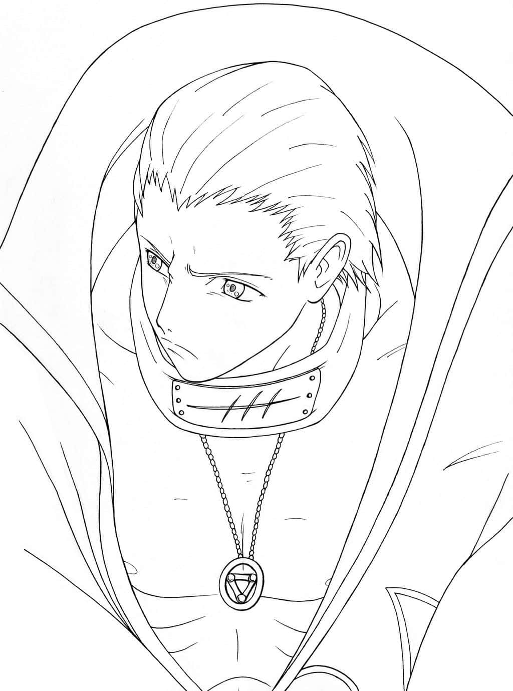 Akatsuki Drawing 桌布 壁紙 — 一個戴著頭帶和項鍊、專注向前看的動漫角色黑白線條藝術肖像。