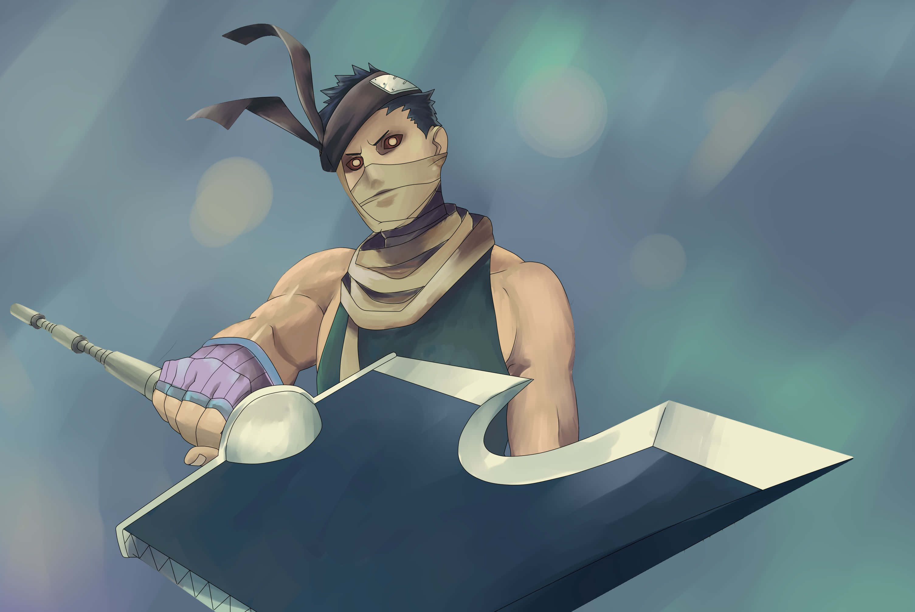 Zabuza Momochi 桌布 壁紙 — 一個戴著頭帶的蒙面動漫忍者，在模糊的藍色青綠色背景上握著一把大型彎曲刀刃。