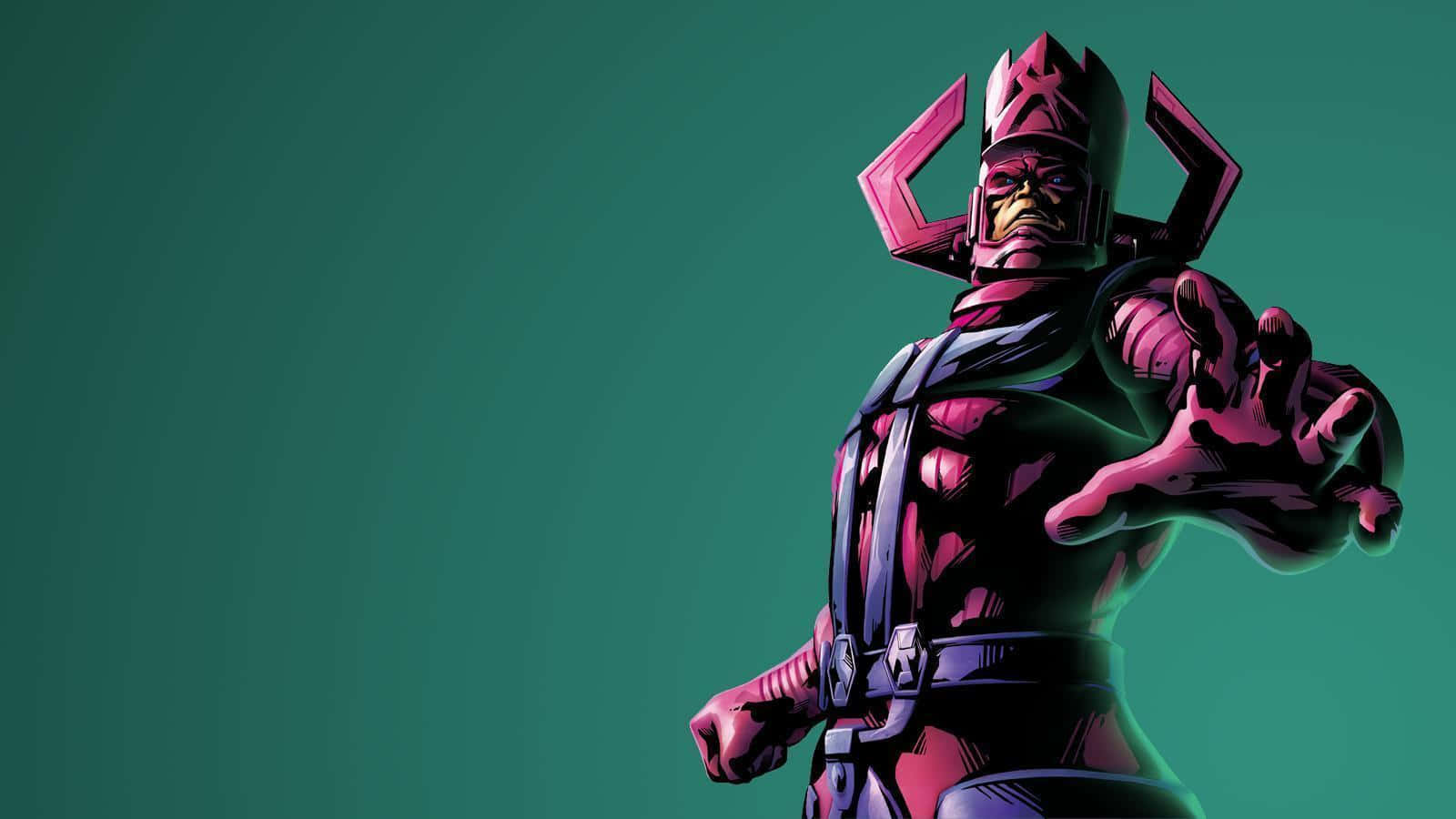 Galactus 桌布 壁紙 — 一個戴著頭盔、伸出手的粉紅色裝甲超級英雄，站在藍綠色漸變背景前，顯得威風凜凜。
