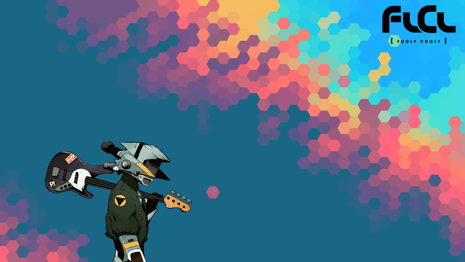 Flcl Canti 桌布 壁紙 — 一個戴著頭盔的風格化動漫角色，在充滿活力的六邊形色彩爆發背景中背著低音結他。