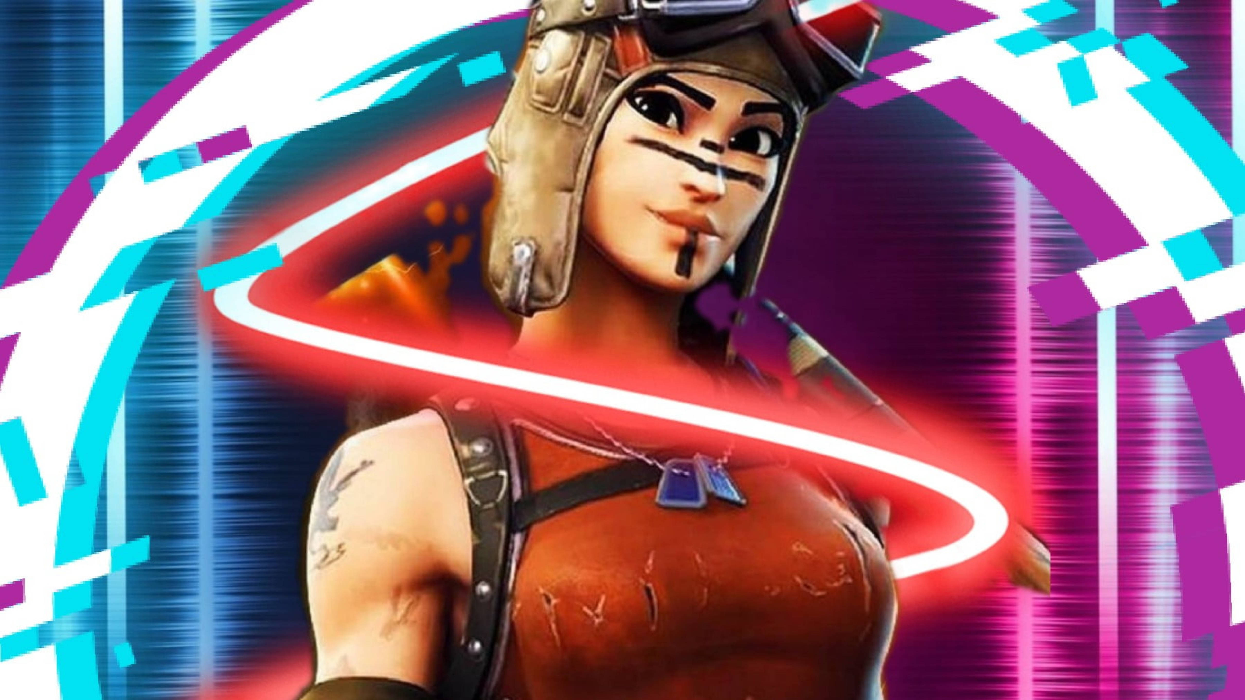 《Fortnite》Renegade Raider Shrapnel Headhunter 壁紙 — 一個戴著飛行員頭盔、身穿紅色服裝的《要塞英雄》角色，站在充滿活力的霓虹賽博龐克背景前，背景中有發光的幾何線條。