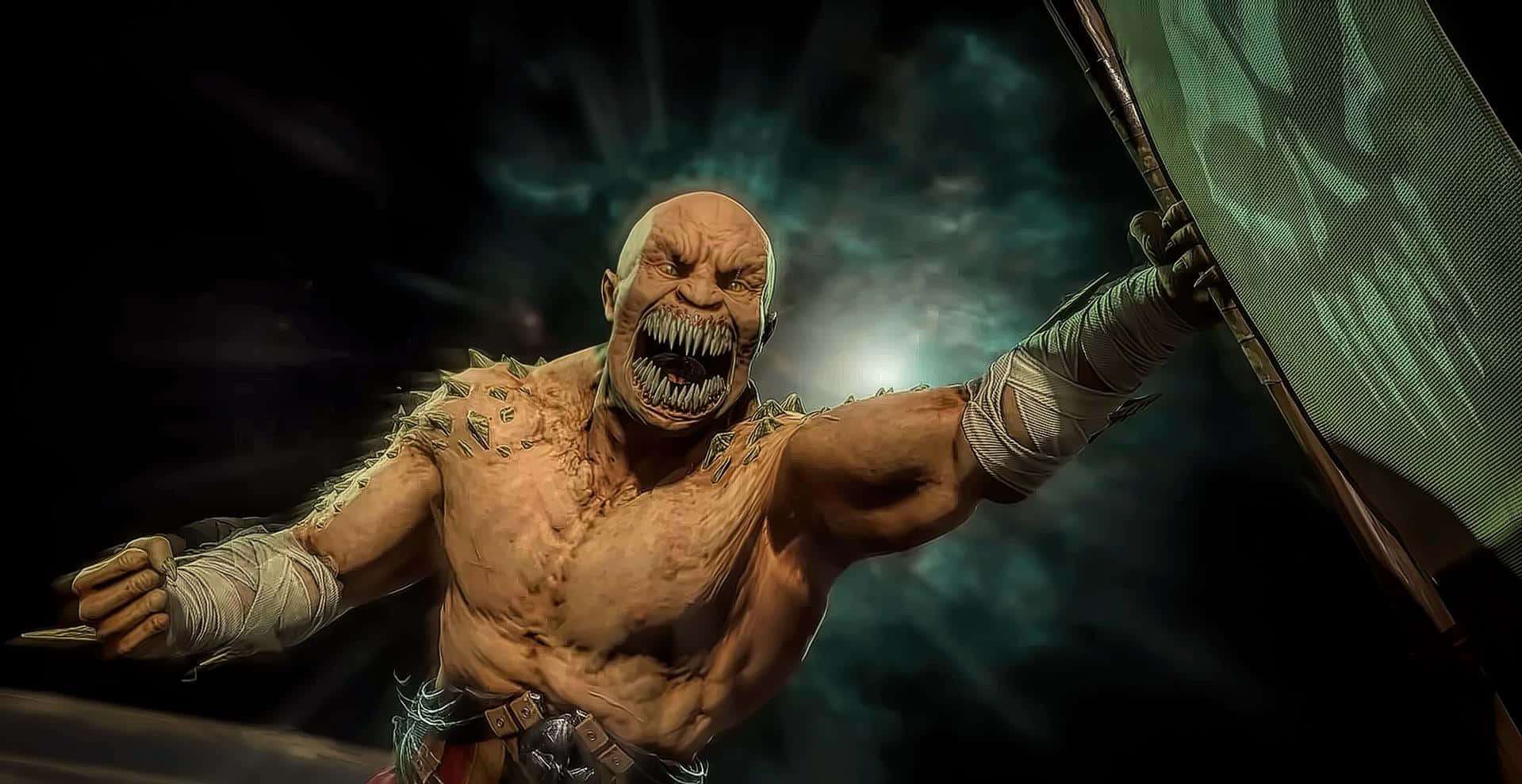 Mortal Kombat Baraka 桌布 壁紙 — 一個戴著骷髏面具和尖刺盔甲的怪誕肌肉戰士，在黑暗暴風雨背景下揮舞著巨大武器咆哮。