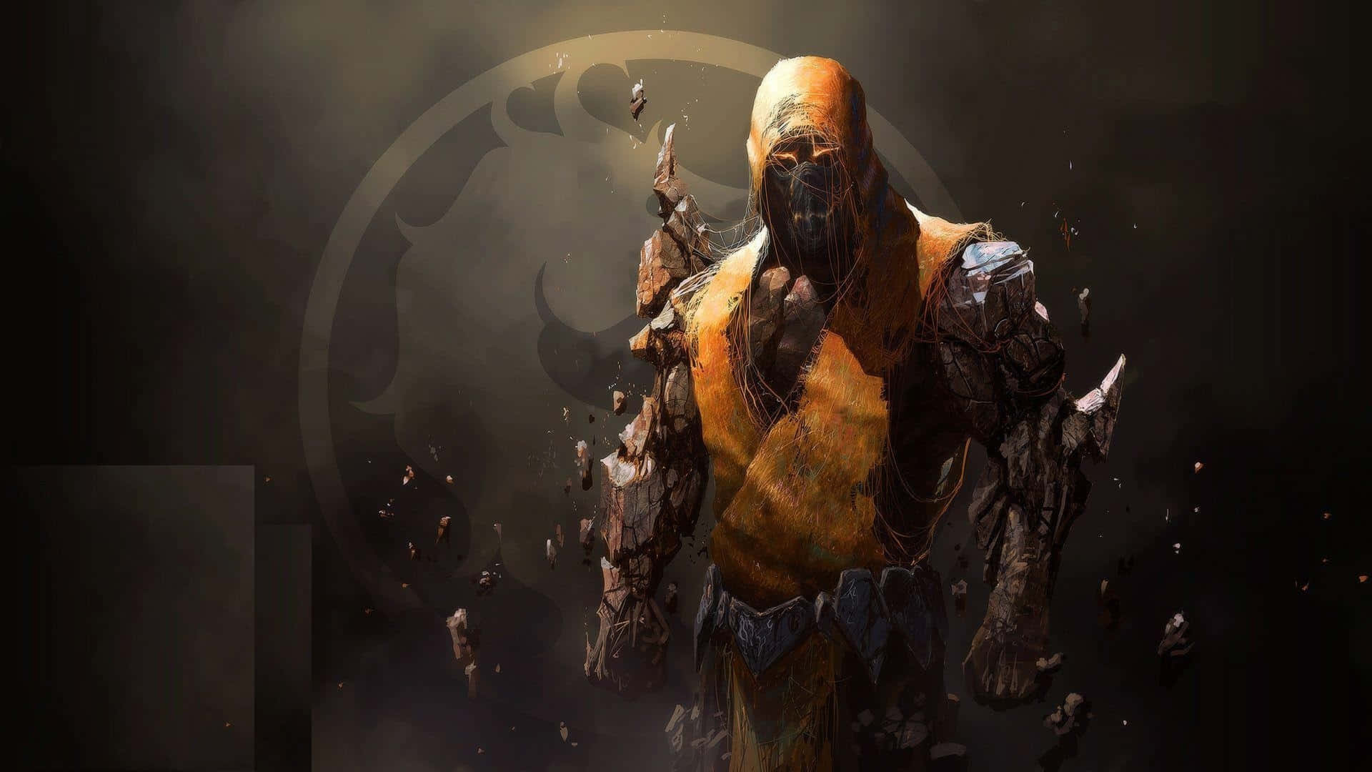 Mortal Kombat X 桌布 壁紙 — 一個戴著骷髏面具的威脅性裝甲戰士站在漂浮的碎片中，背景是黑暗的，有一個發光的圓形標誌。