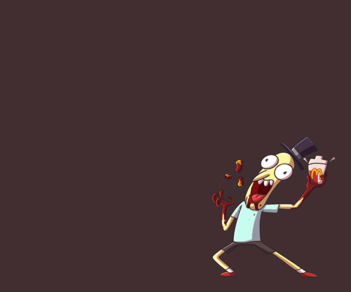Mr Poopybutthole 桌布 壁紙 — 一個戴著高帽、身穿淺藍色恤衫的卡通角色，在深棕色背景前快樂地跳舞，同時手持麥當勞飲料杯。