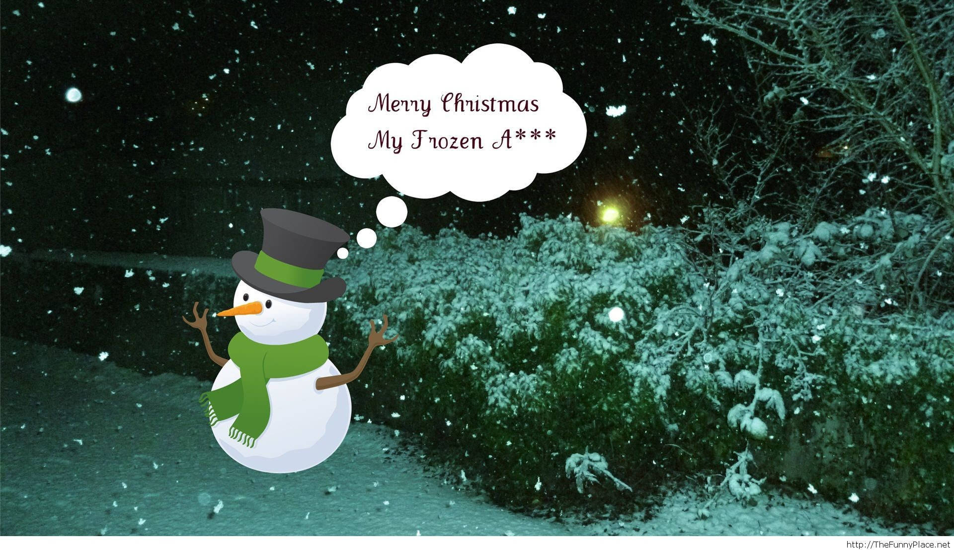 雪人 桌布 壁紙 — 一個戴著高帽和圍巾的卡通雪人站在雪夜中，有一個思想泡泡寫著聖誕快樂 我的冰凍A***