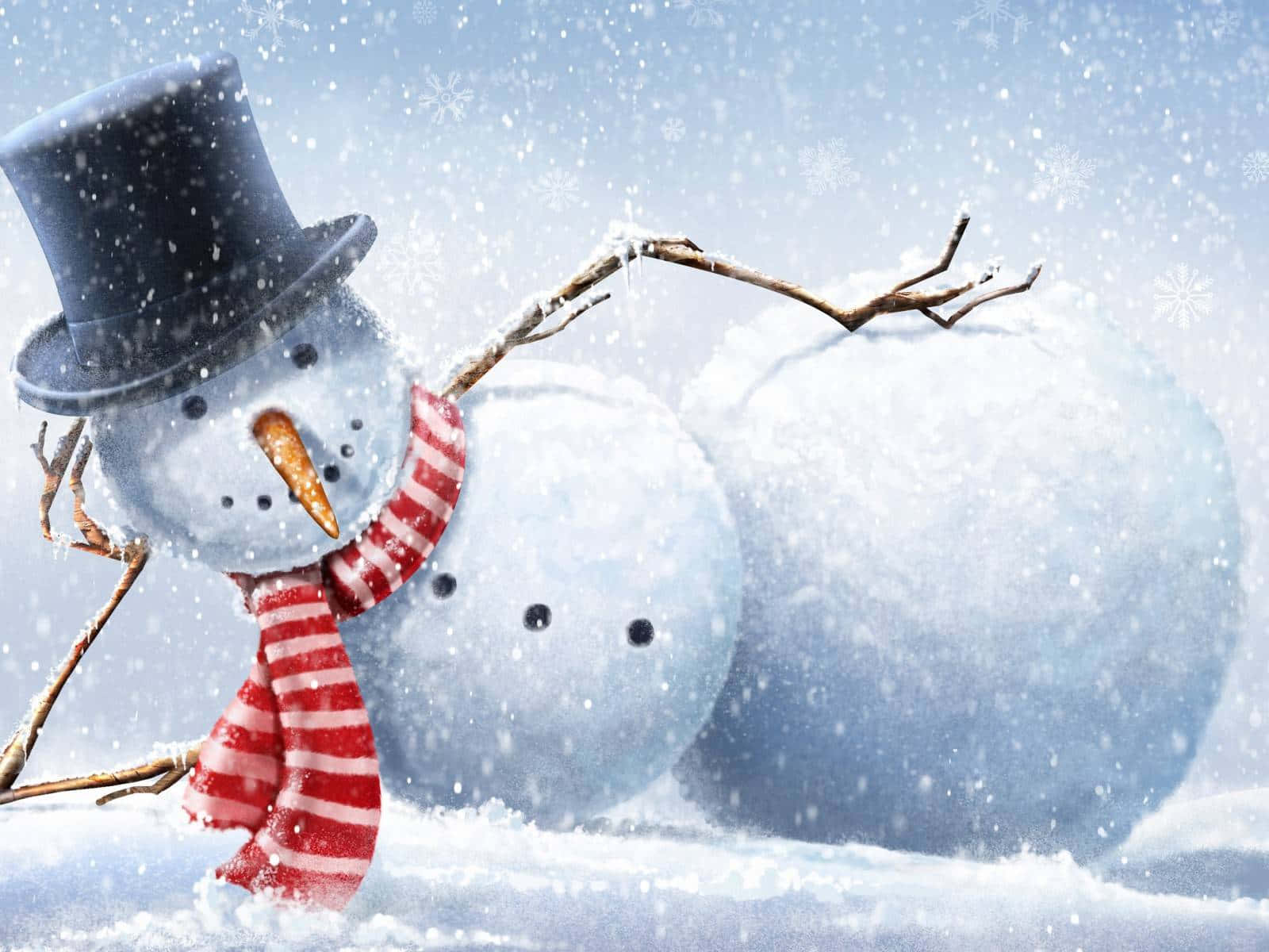 搞笑聖誕gif 桌布 壁紙 — 一個戴著高帽和紅色圍巾的快樂雪人站在雪景中，雪花在周圍飄落。