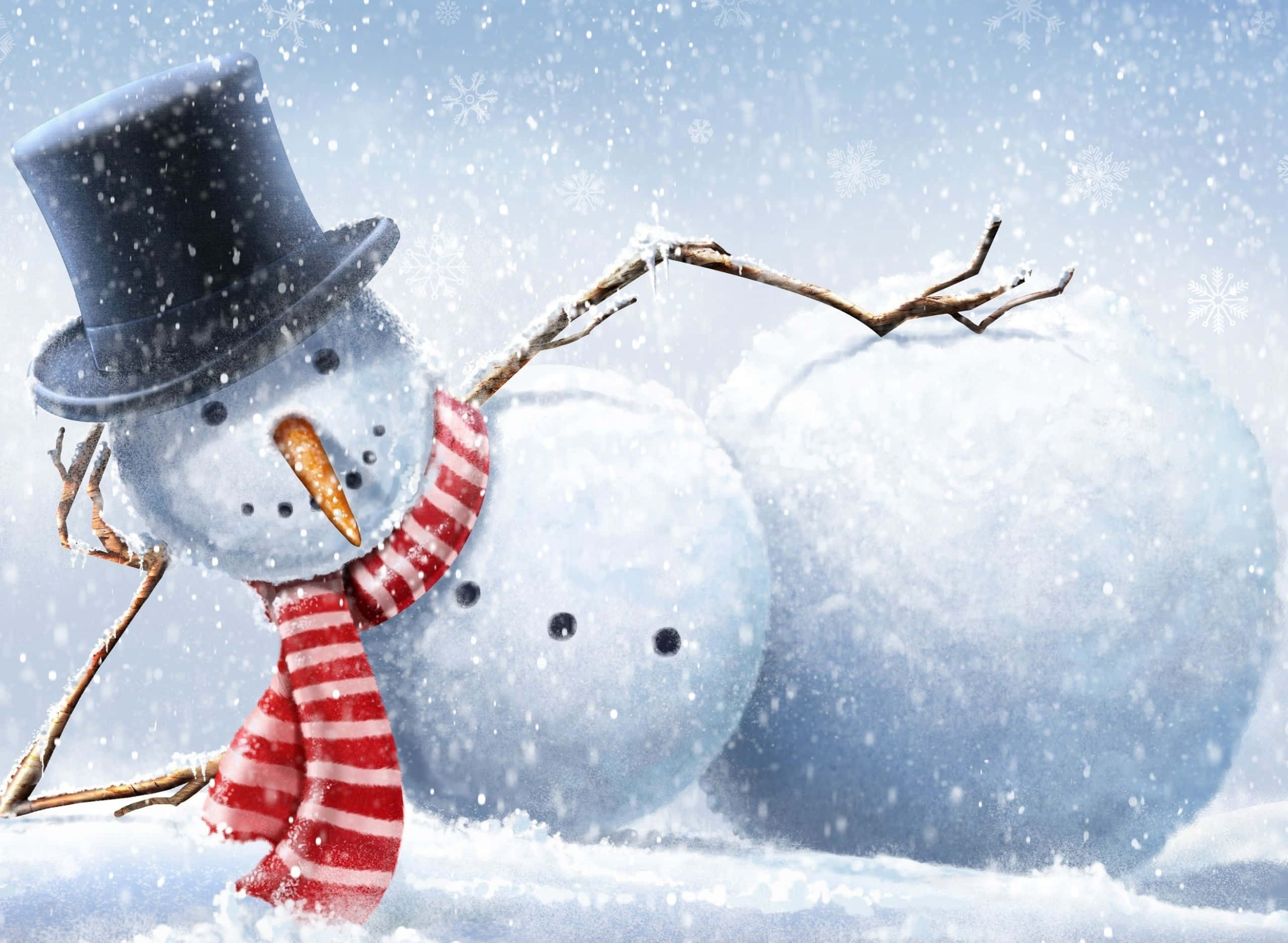 Winter Holiday 桌布 壁紙 — 一個戴著高帽和紅色圍巾的快樂雪人站在飄雪中，背景是明亮的冬日天空。