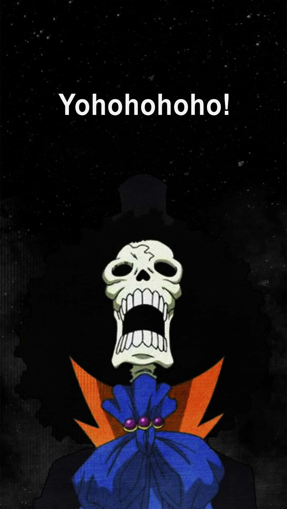 Brook 桌布 壁紙 — 一個戴著高帽和藍色蝴蝶結的卡通骷髏頭，在星空黑色背景上狂笑。
