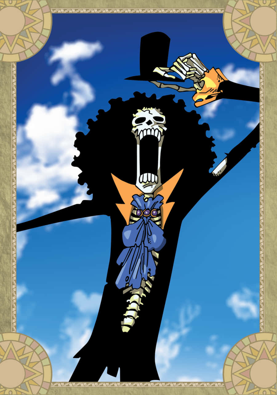 Brook 桌布 壁紙 — 一個戴著高帽和藍色蝴蝶結的骷髏海盜，站在有 fluffy 雲朵的明亮藍天下。