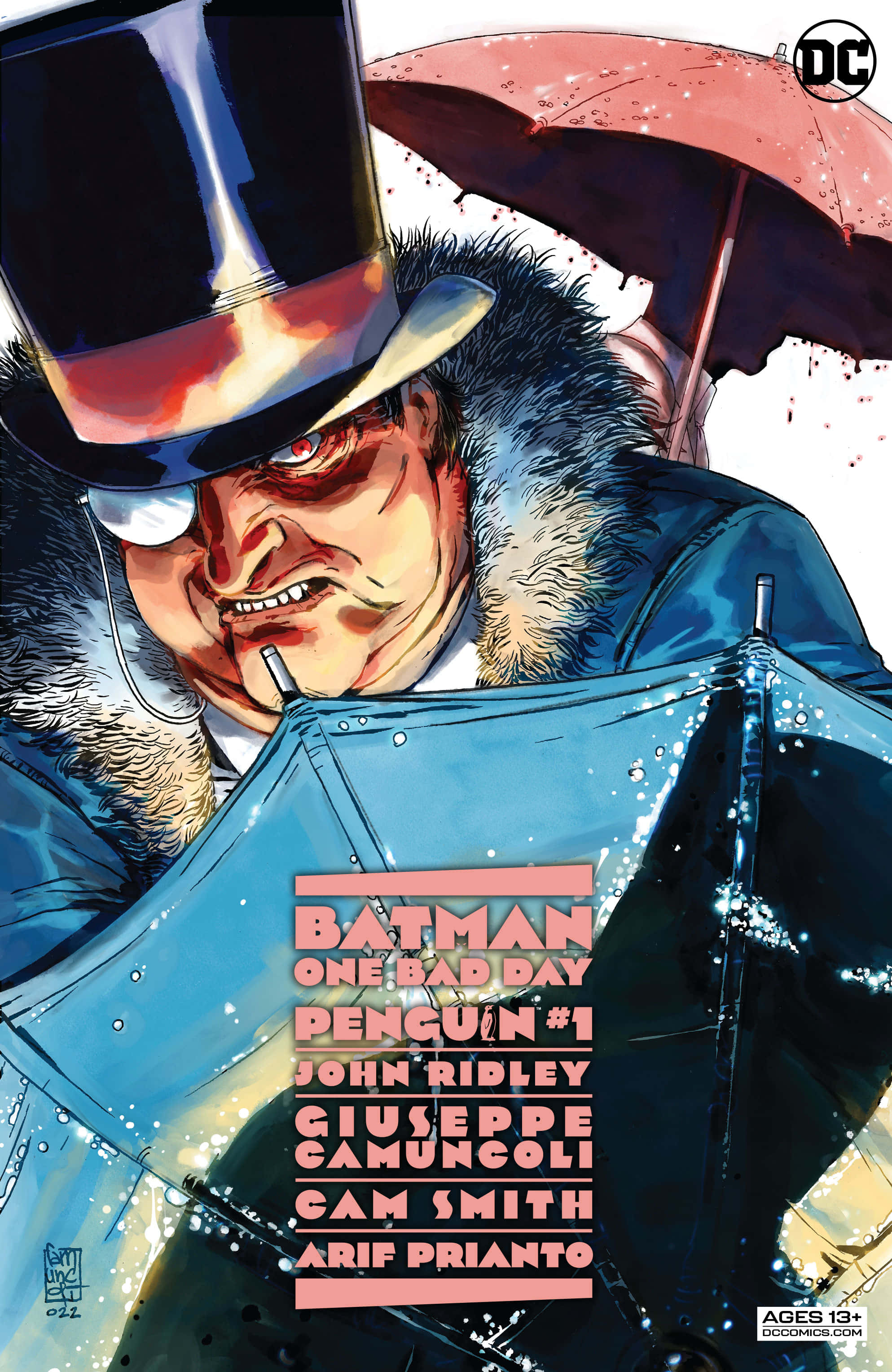Batman Penguin 桌布 壁紙 — 一個戴著高帽和風衣的企鵝在雨中城市場景中拿著紅色雨傘的威脅性漫畫封面。