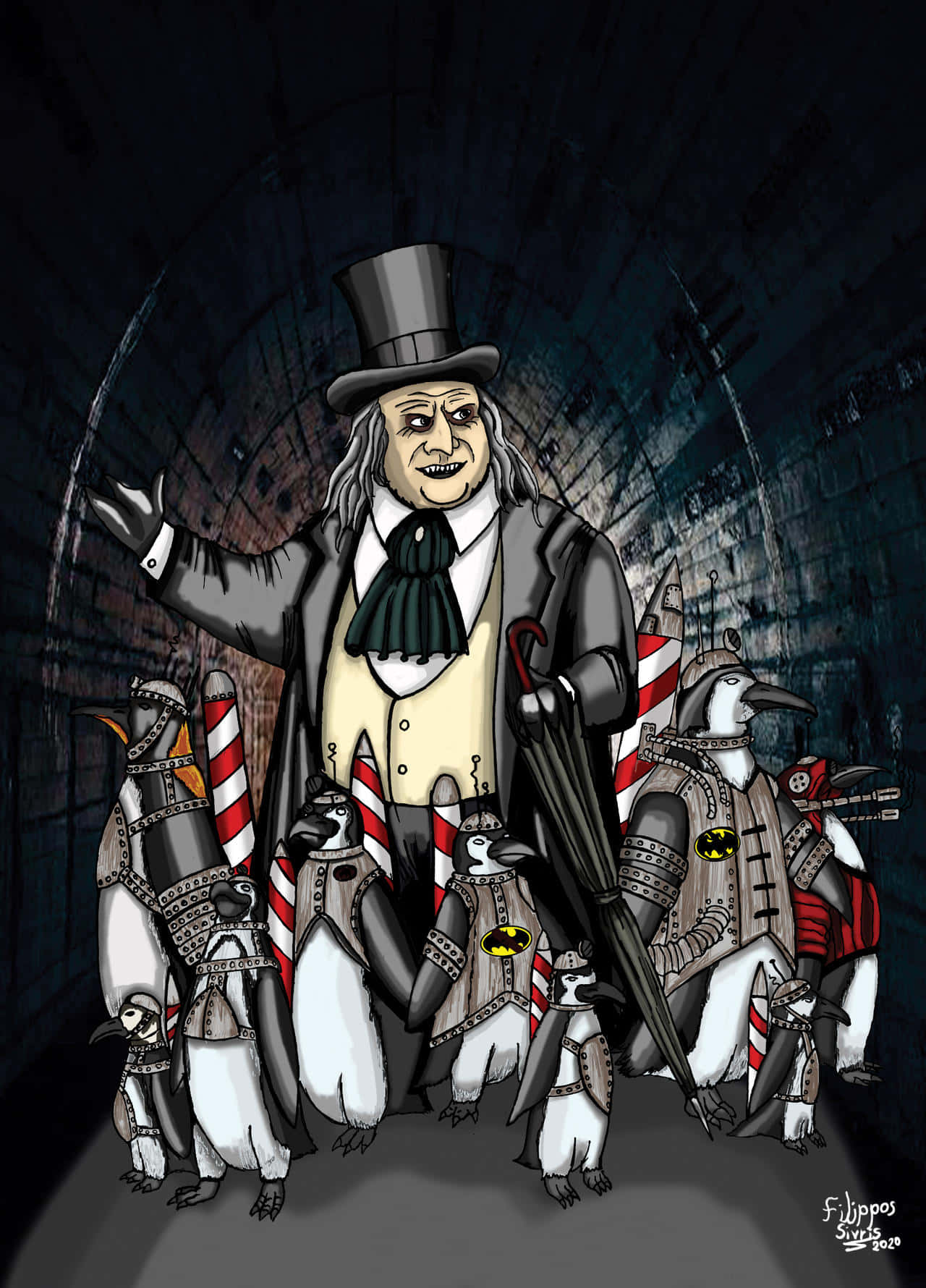 Batman Penguin 桌布 壁紙 — 一個戴著高帽的邪惡紳士站在黑暗的隧道中，兩旁是穿著盔甲的企鵝，手持拐杖糖和雨傘。