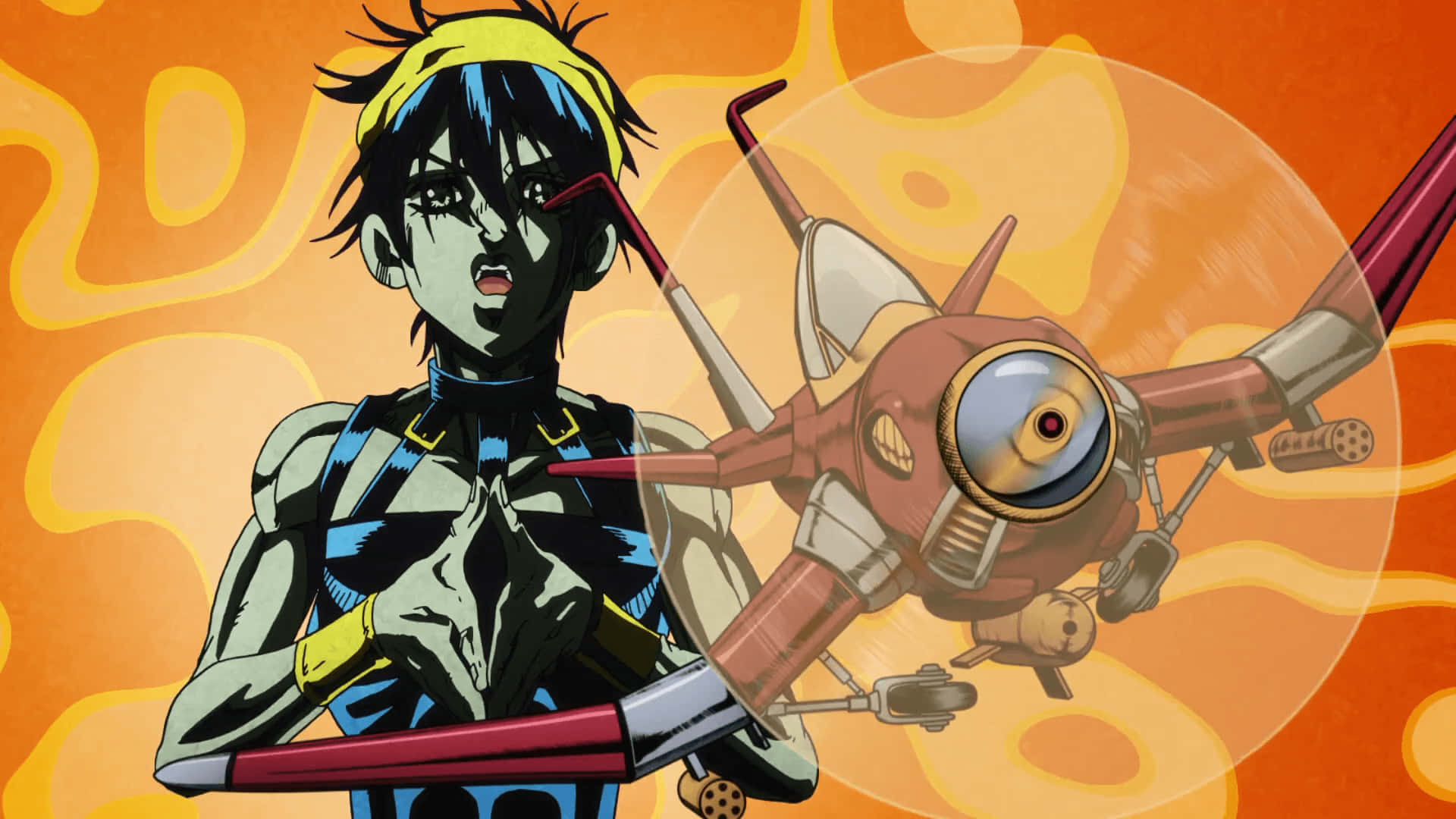 Vento Aureo 桌布 壁紙 — 一個戴著黃色頭帶的堅定動漫角色，在熾熱的橙色背景前揮舞著未來武器。