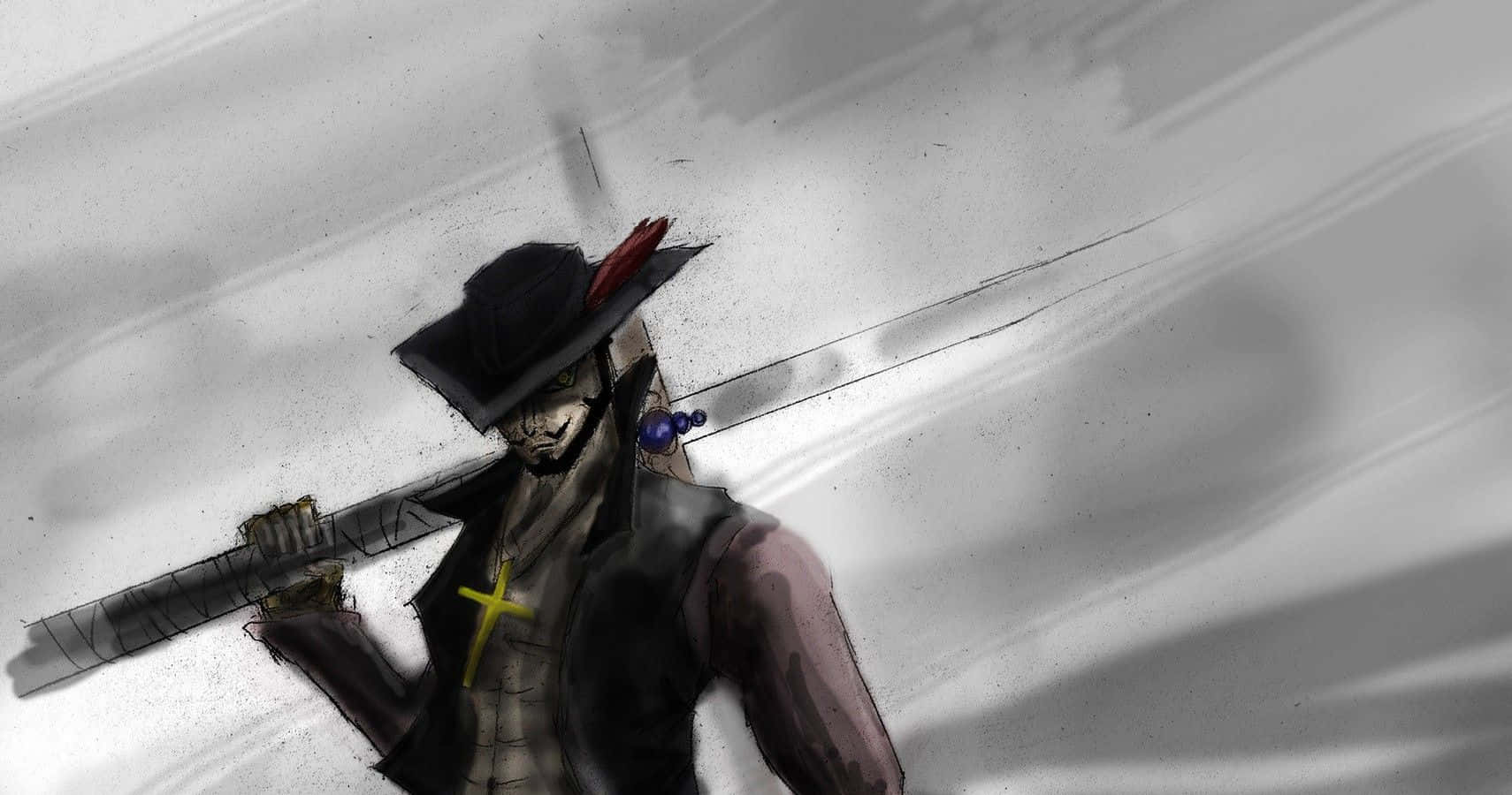Dracule Mihawk 桌布 壁紙 — 一個戴著黑色帽子、帽上插有紅色羽毛的陰沉劍士，在單調的灰色背景前緊握著他的劍。
