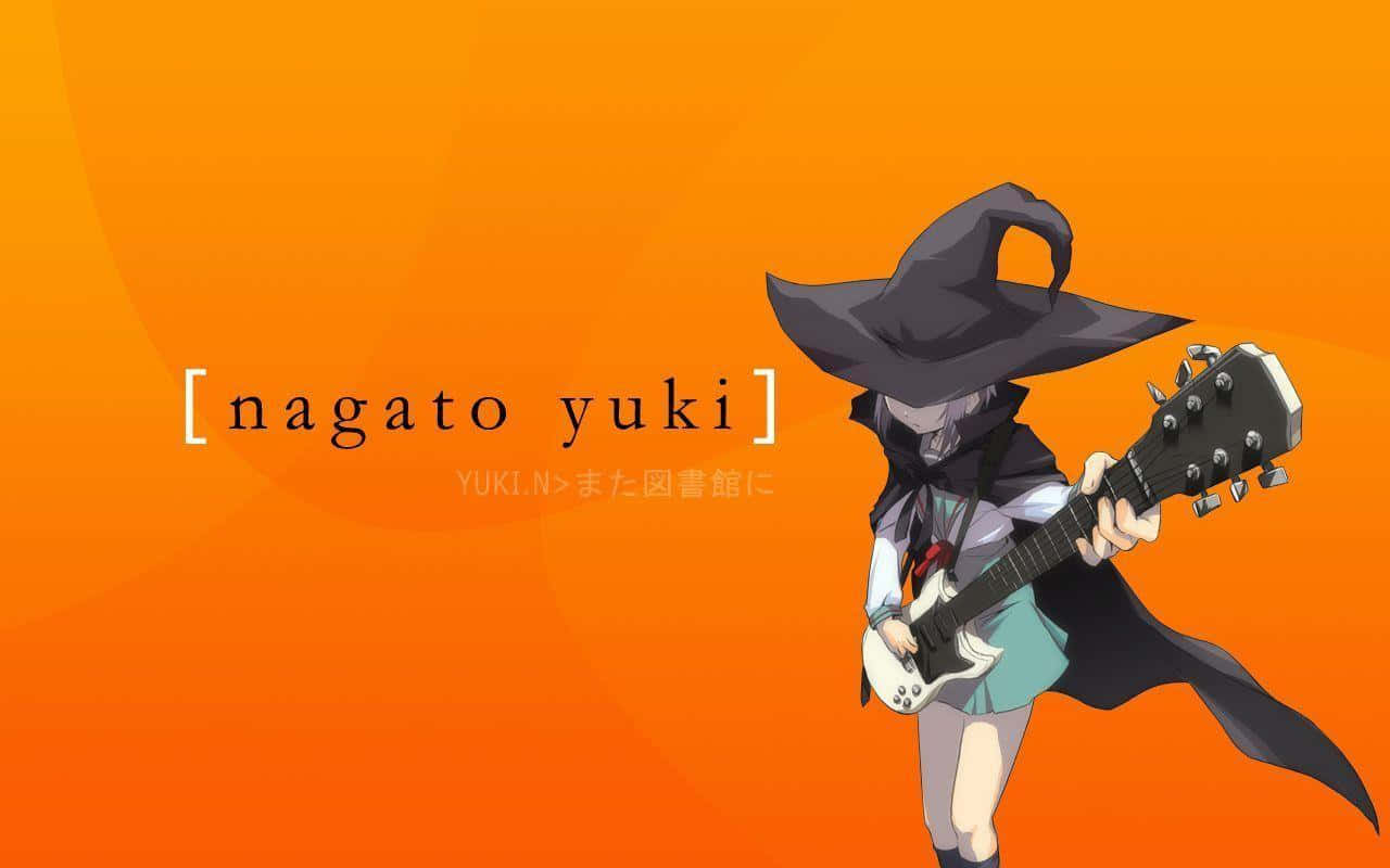 Yuki Nagato 桌布 壁紙 — 一個戴著黑色帽子的動漫女巫女孩在充滿活力的橙色漸變背景前彈奏白色電結他。