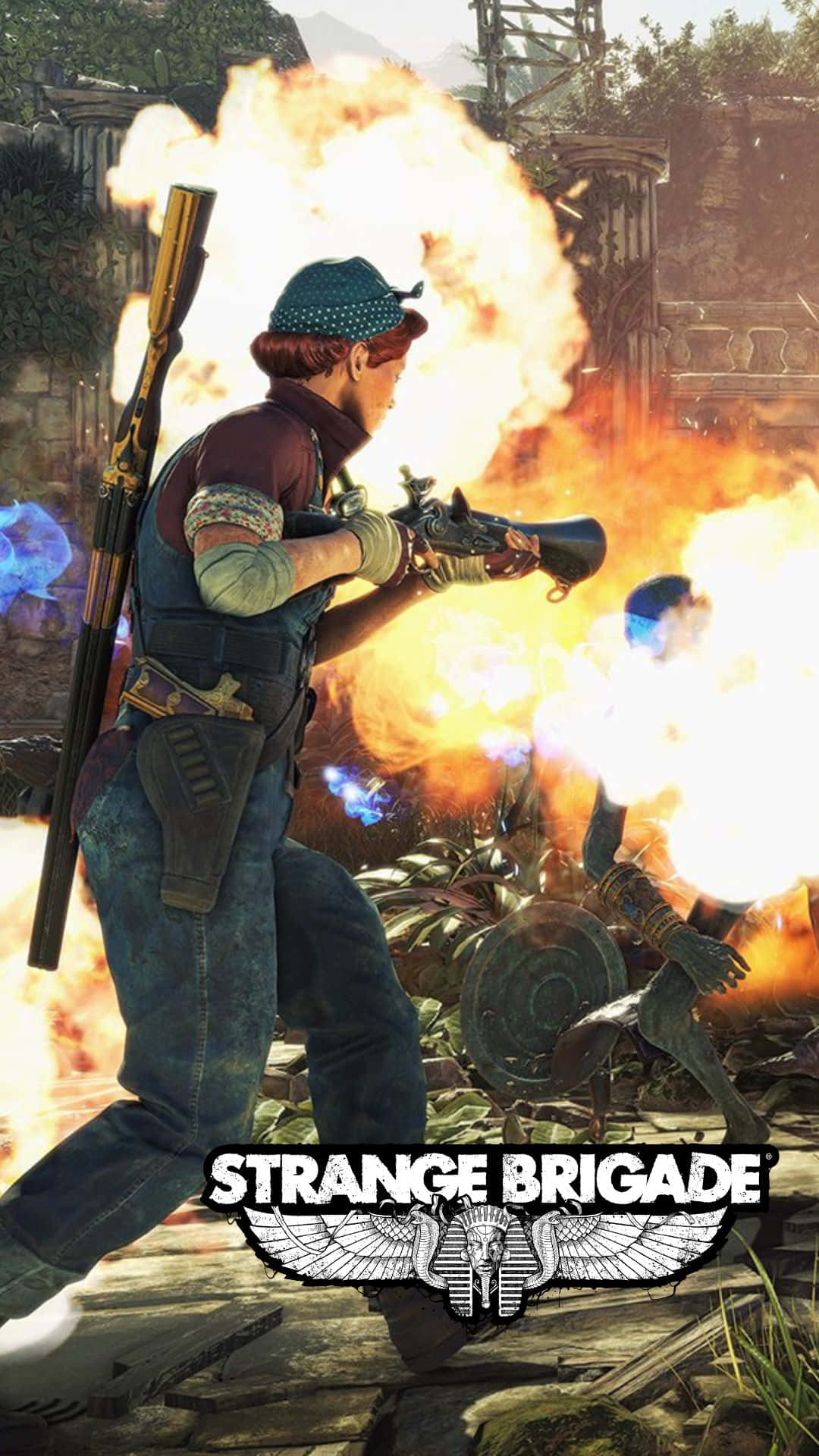 Android Strange Brigade 桌布 壁紙 — 一個戴藍色帽子的角色在廢墟寺廟環境中，於猛烈爆炸中開火。
