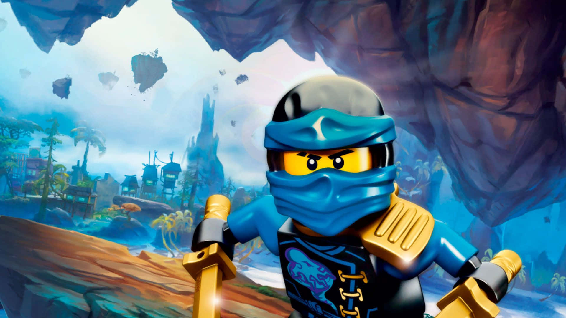 Ninjago 桌布 壁紙 — 一個戴藍色面具的LEGO忍者，在浮空島嶼叢林峽谷中手持金色武器準備就緒。