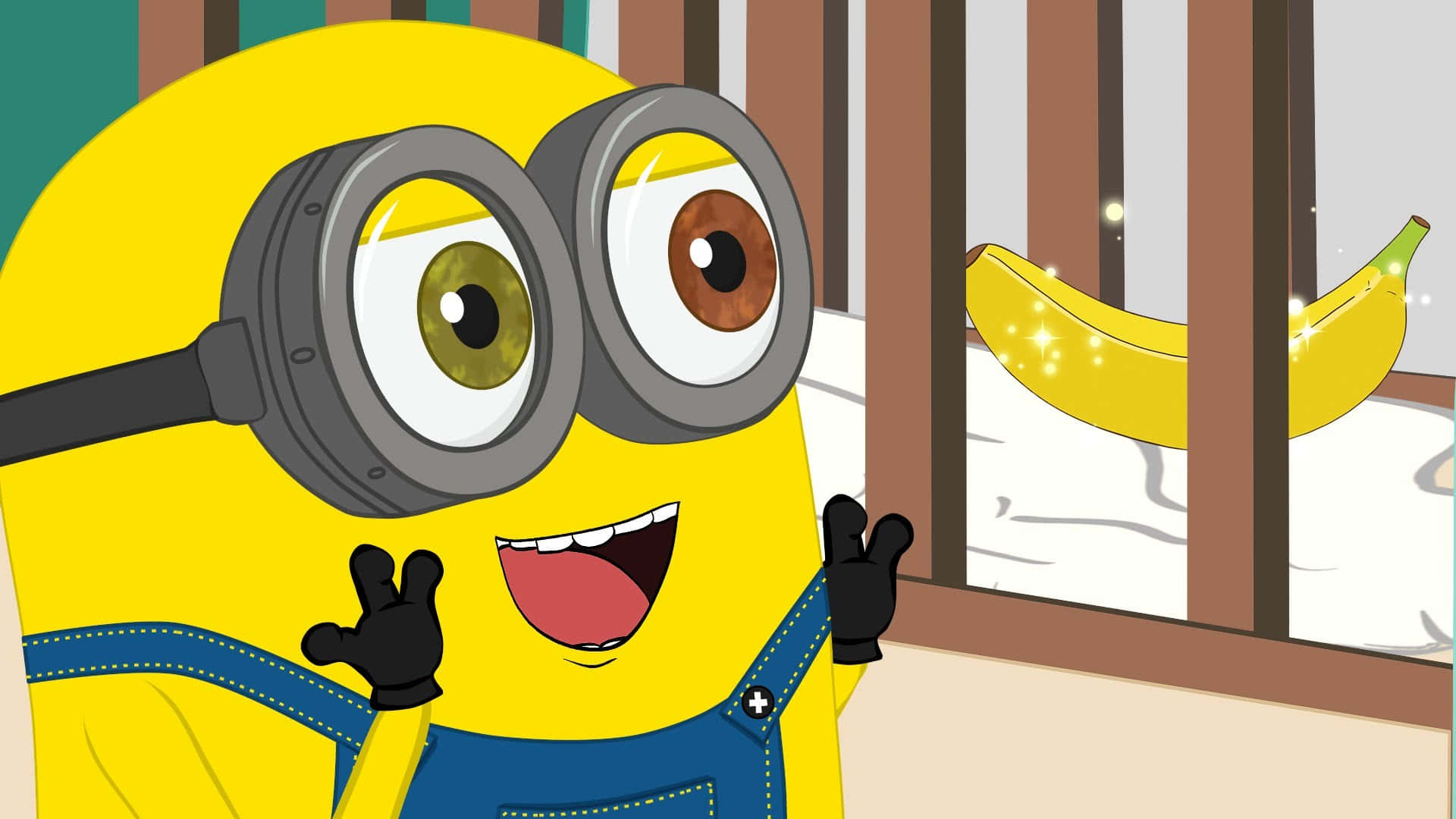 Funny Characters 桌布 壁紙 — 一個戴護目鏡和工裝褲的開心黃色Minion，興奮地對著穿過欄杆垂下的香蕉微笑。