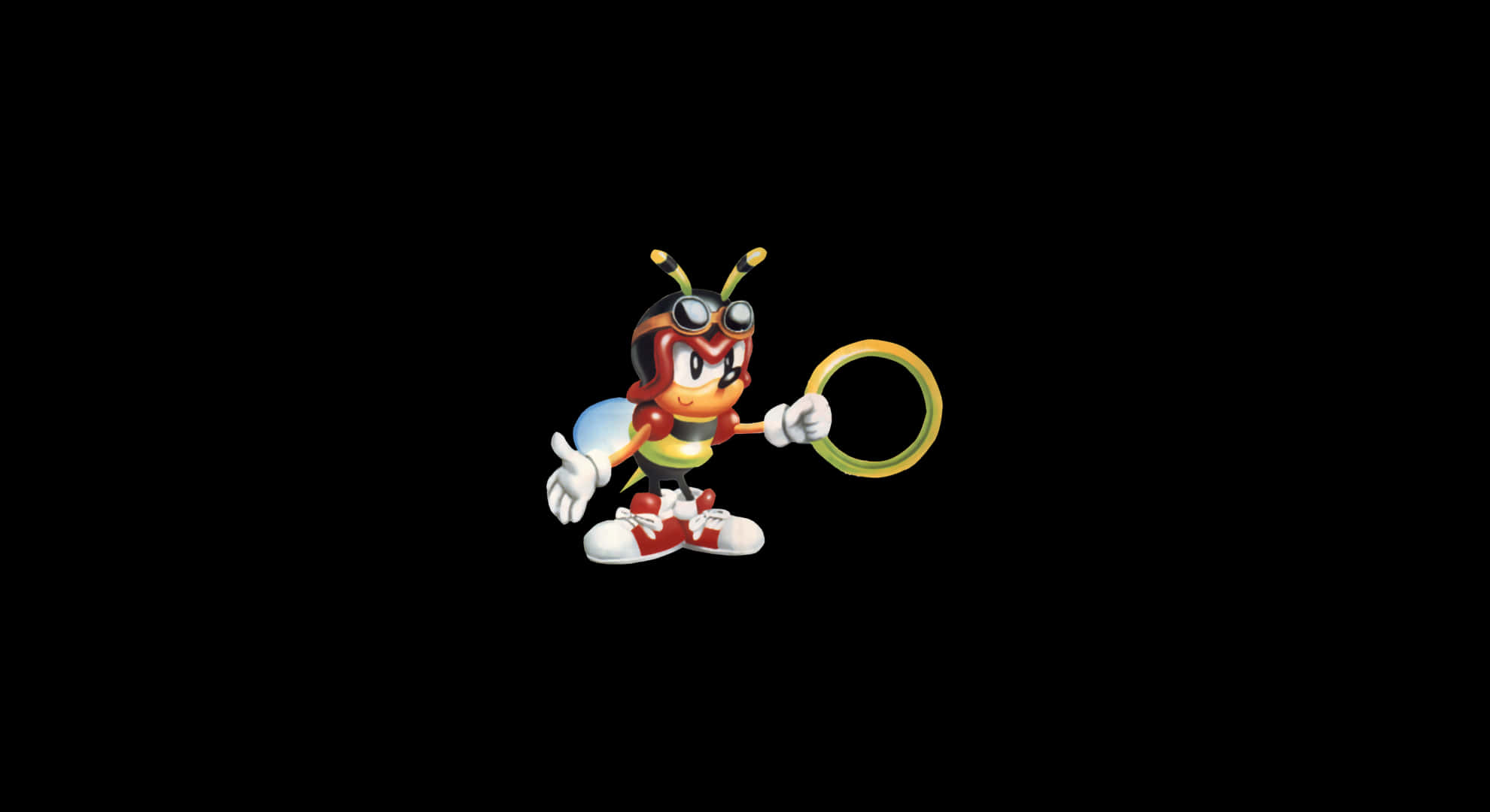 Charmy Bee 桌布 壁紙 — 一個戴護目鏡和運動鞋的卡通蜜蜂角色，在黑色背景前拿著一個金色戒指。