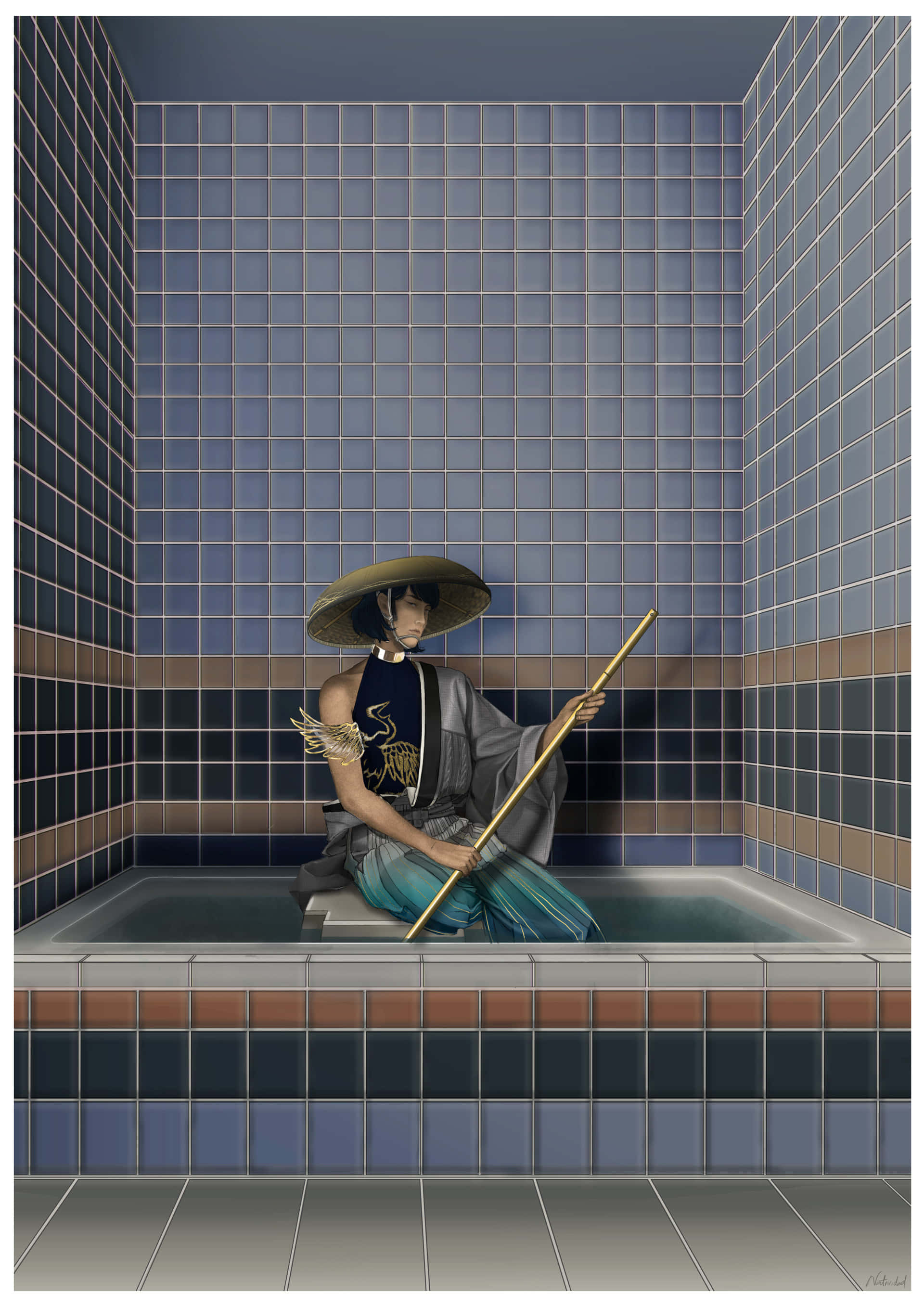Goemon Ishikawa Xiii 桌布 壁紙 — 一個戴闊邊帽的寧靜動漫風格人物坐在瓷磚浴缸中，手持長長的金色法杖。
