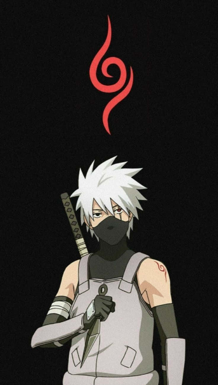 Akatsuki Kakashi 桌布 壁紙 — 一個戴面具、白色尖刺頭髮的動漫忍者，在黑色背景上手持苦無，上方有一個紅色螺旋符號。