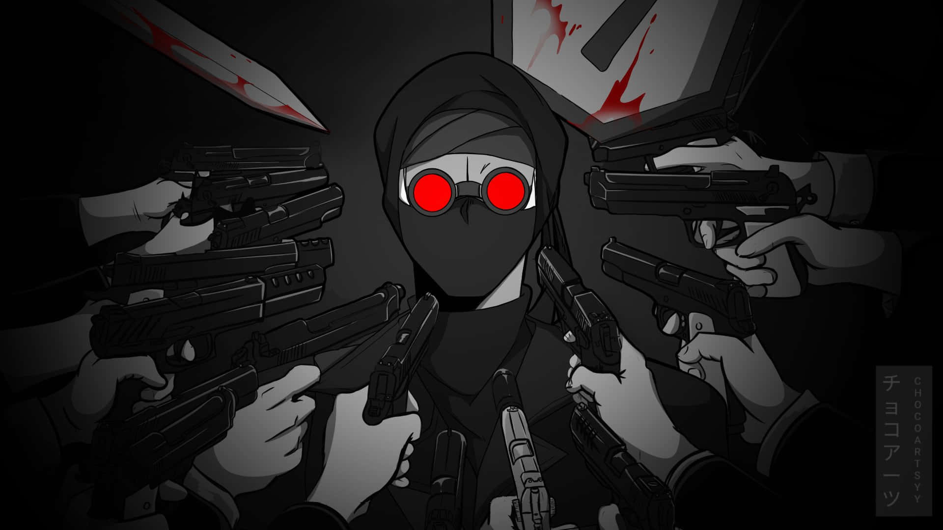 Madness Combat 桌布 壁紙 — 一個戴面具、眼睛發出紅光的角色，在黑暗緊張的對峙中被多隻持槍的手包圍。
