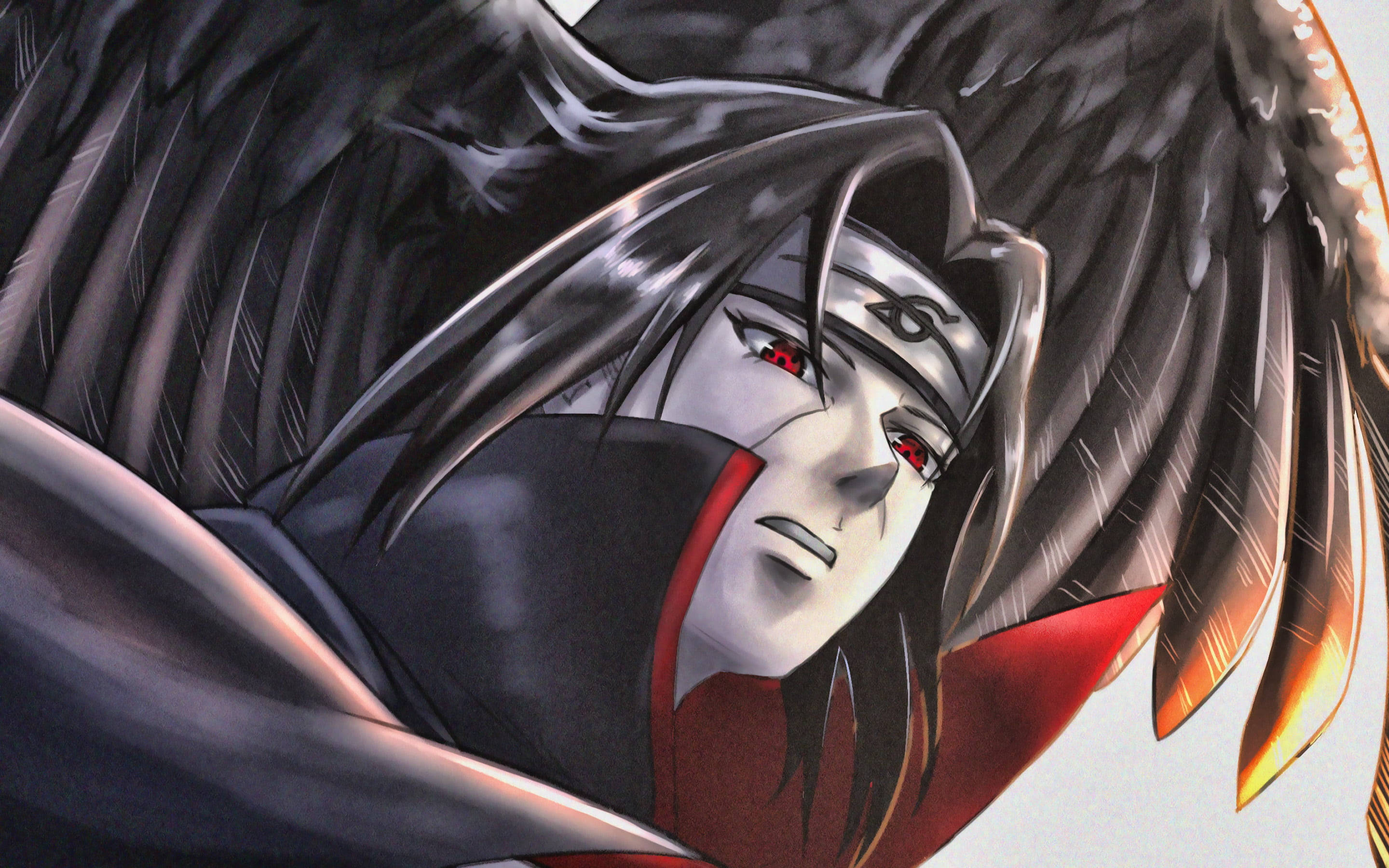 akatsuki itachi 桌布 壁紙 — 一個戴面具、紅眼睛、黑翅膀的男人的近距離動漫肖像，背景是柔和的漸變色。
