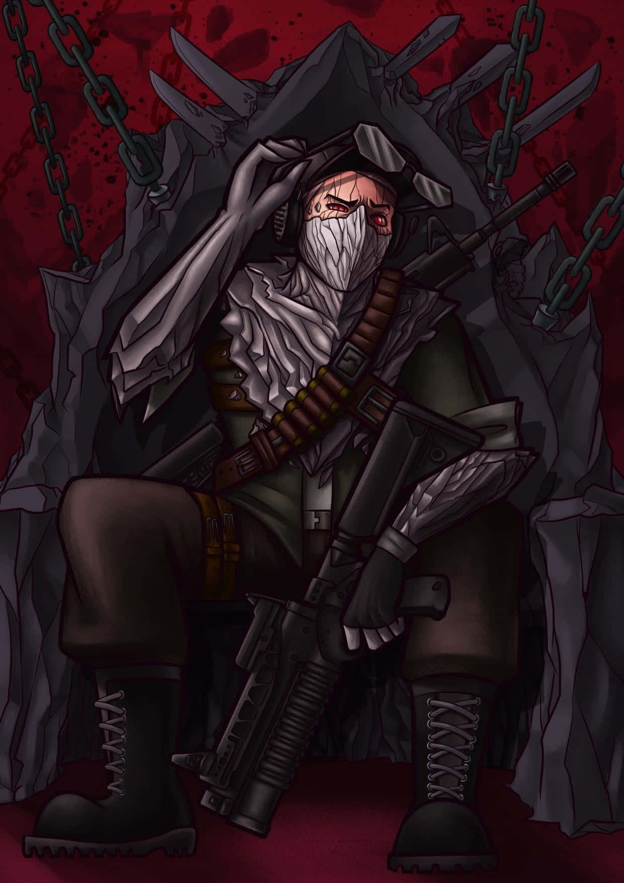 Madness Combat 桌布 壁紙 — 一個戴面具、紅眼睛的戰士坐在由鎖鏈和刀刃組成的王座上，背景是血紅色。