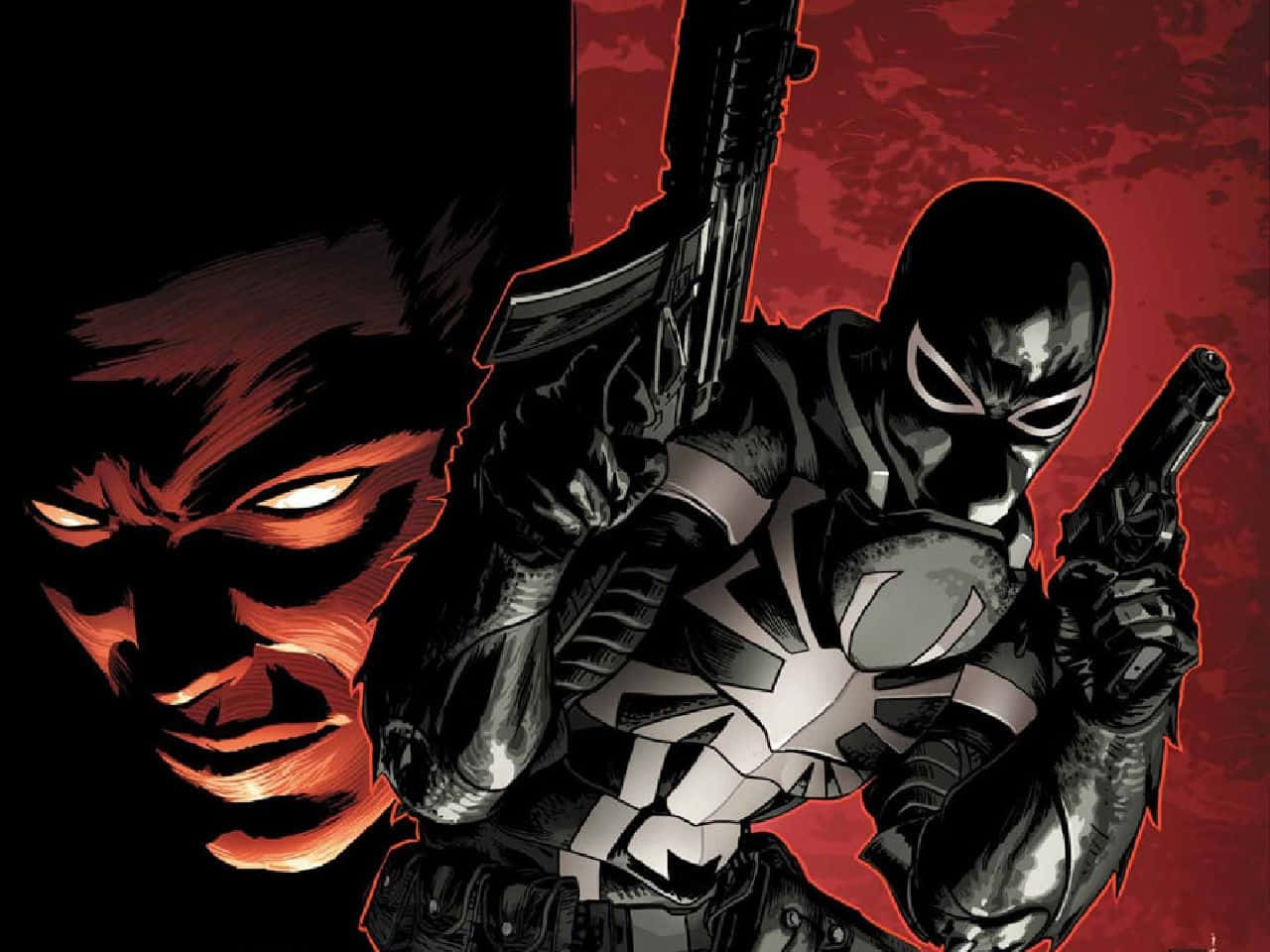 Flash Thompson 桌布 壁紙 — 一個戴面具、身穿黑白盔甲的義警，手持兩把槍，背景是血紅色紋理，後面有一個發光的威脅面孔若隱若現。