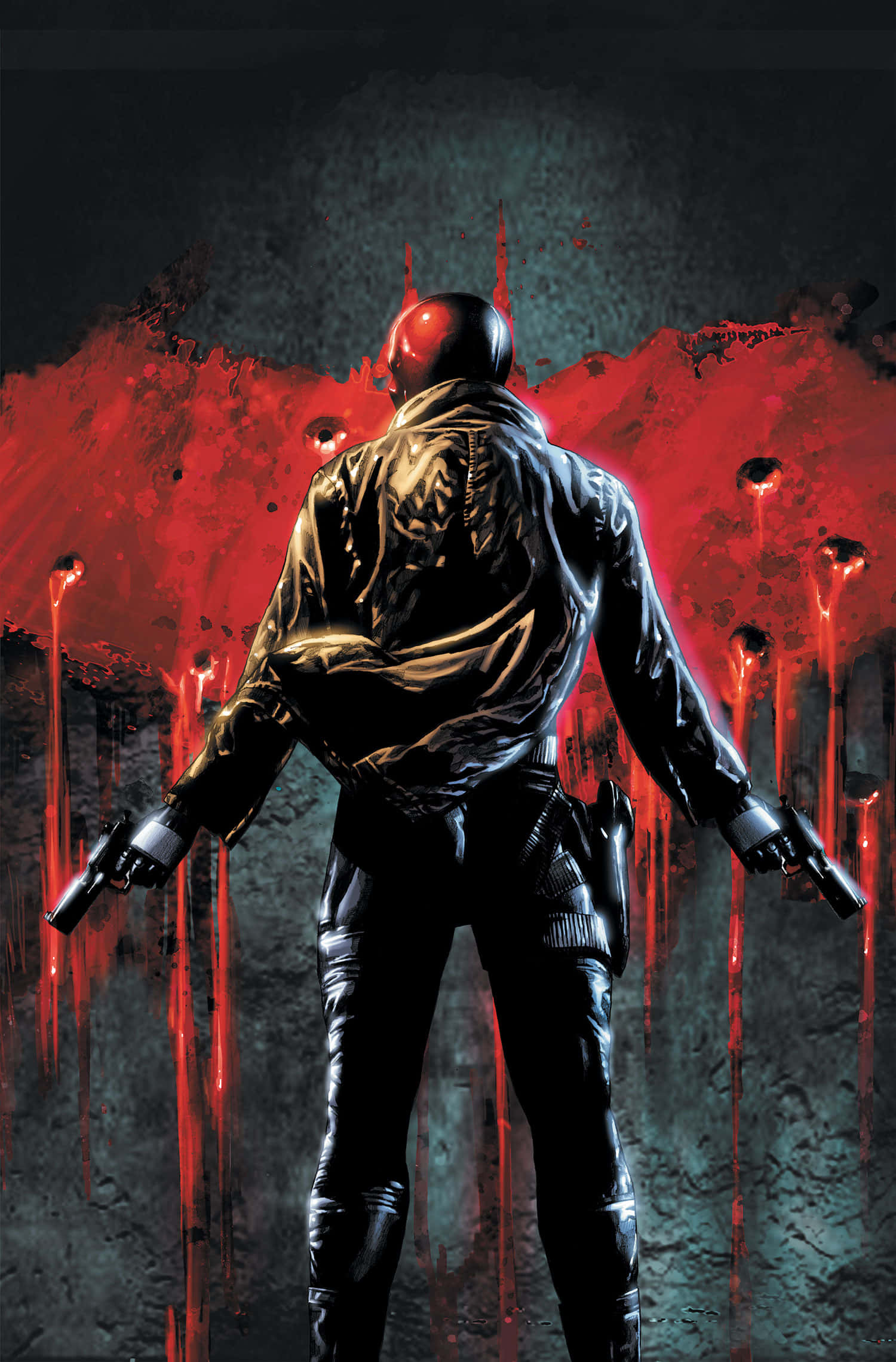 Red Hood 桌布 壁紙 — 一個戴面具、身穿黑色皮革的人物手持兩支槍，面向一面濺滿紅色油漆並有滴落條紋的牆壁。