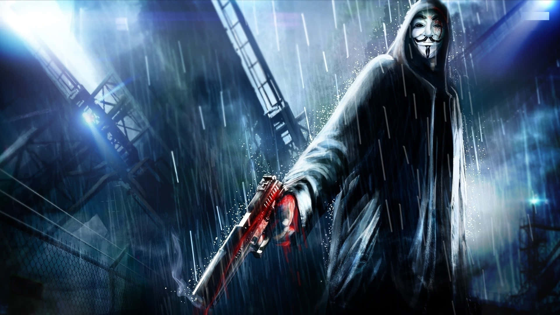 Anonymous 桌布 壁紙 — 一個戴面具嘅人物穿著深色連帽外套，喺落雨嘅城市後巷霓虹燈下揮舞住一把沾滿血嘅槍。