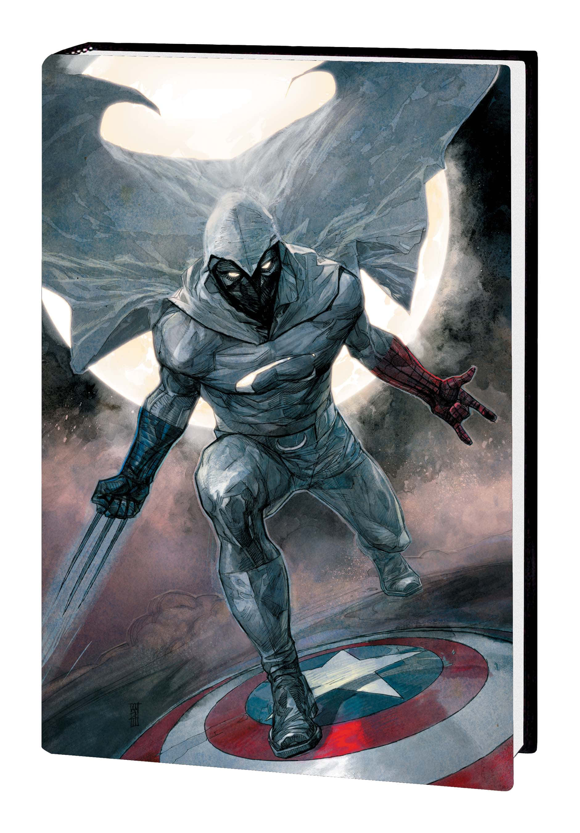 Moon Knight 桌布 壁紙 — 一個戴面具嘅義警穿著灰色連帽套裝企喺美國隊長嘅盾牌上，背後有一個發光嘅月亮。