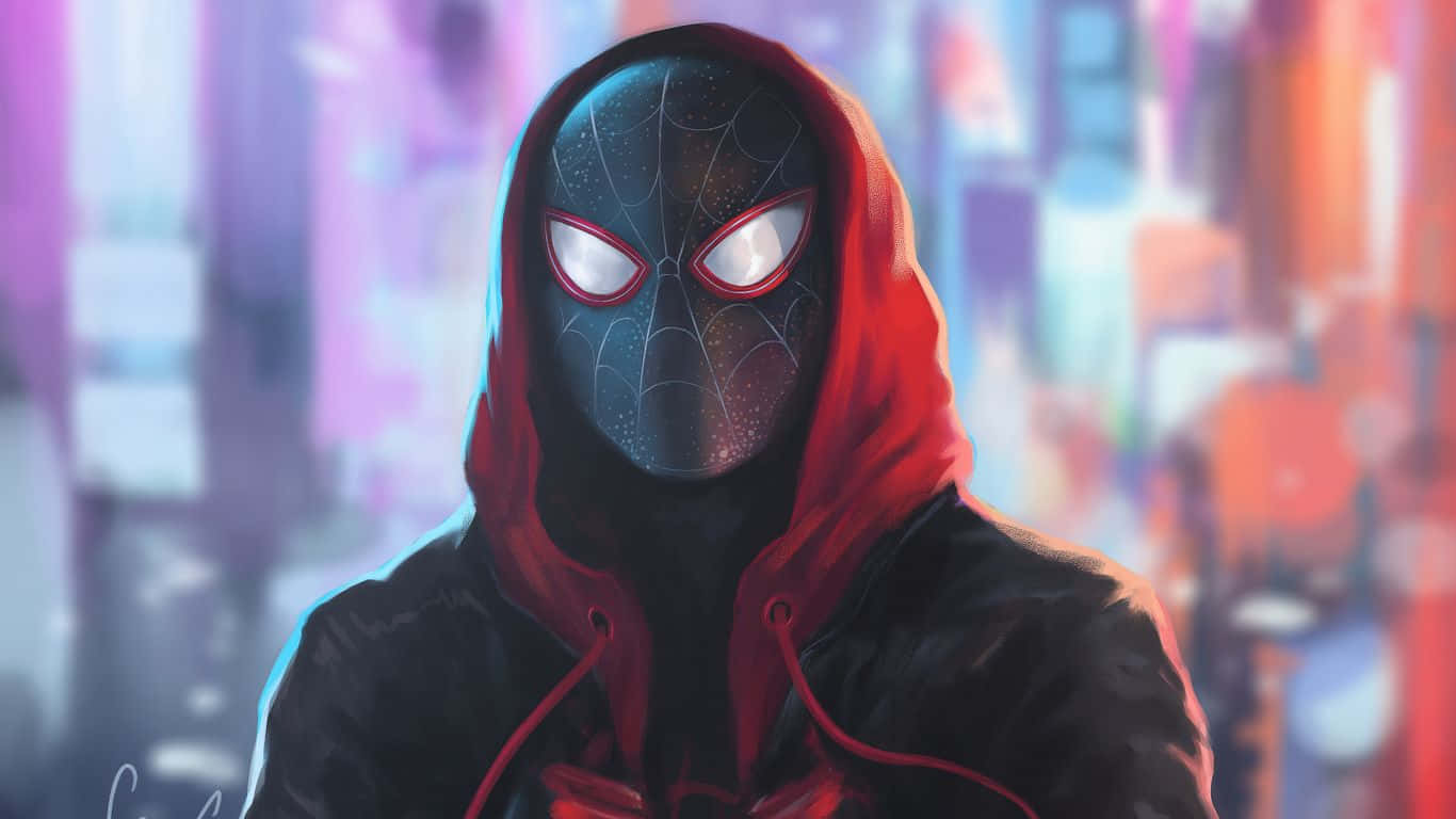 Miles Morales 動漫 桌布 壁紙 — 一個戴面具嘅超級英雄，著住紅色連帽外套，喺夜晚企喺充滿活力嘅模糊城市景觀前面。